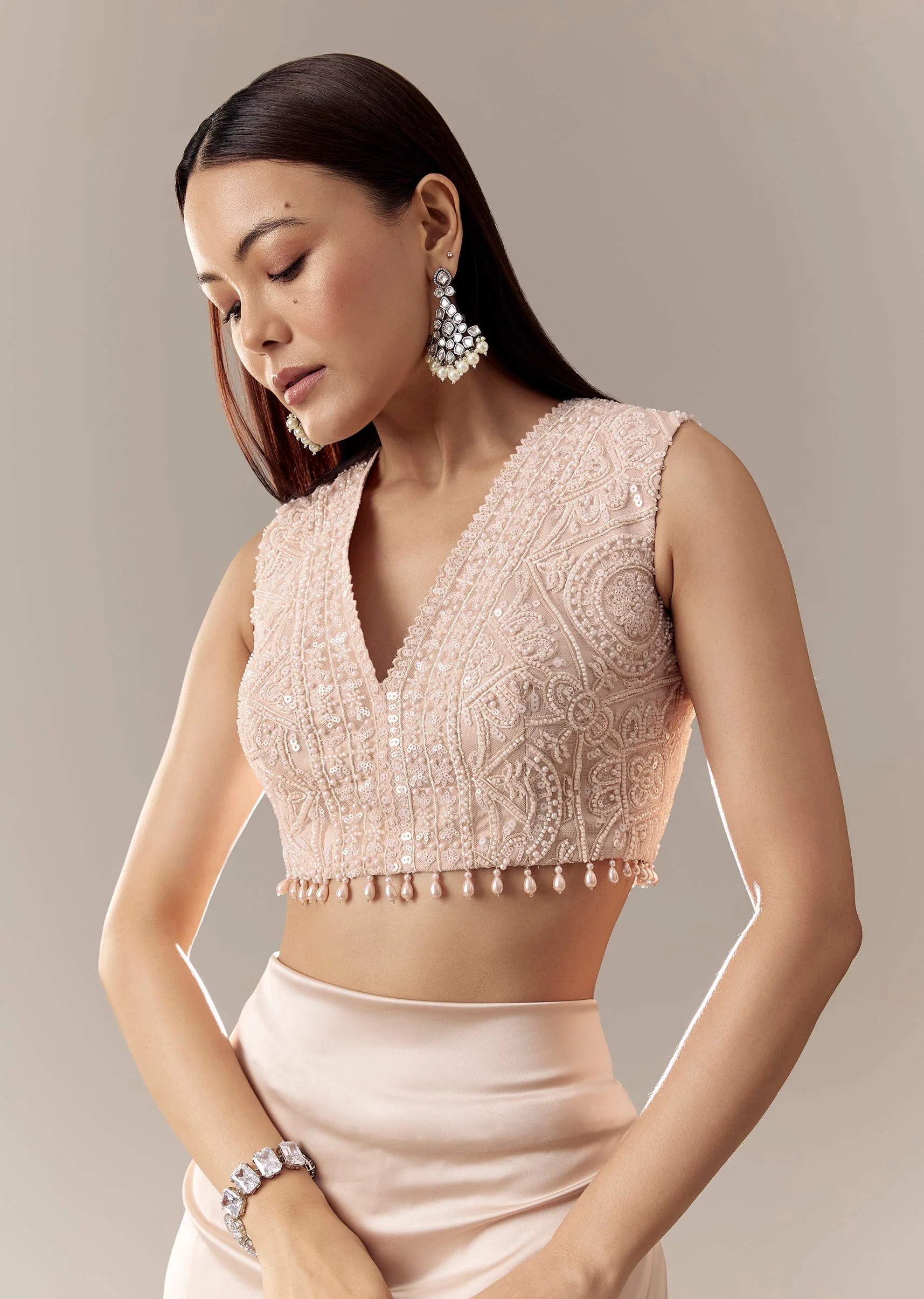 Peach Cut Dana V Neck Tassel Blouse