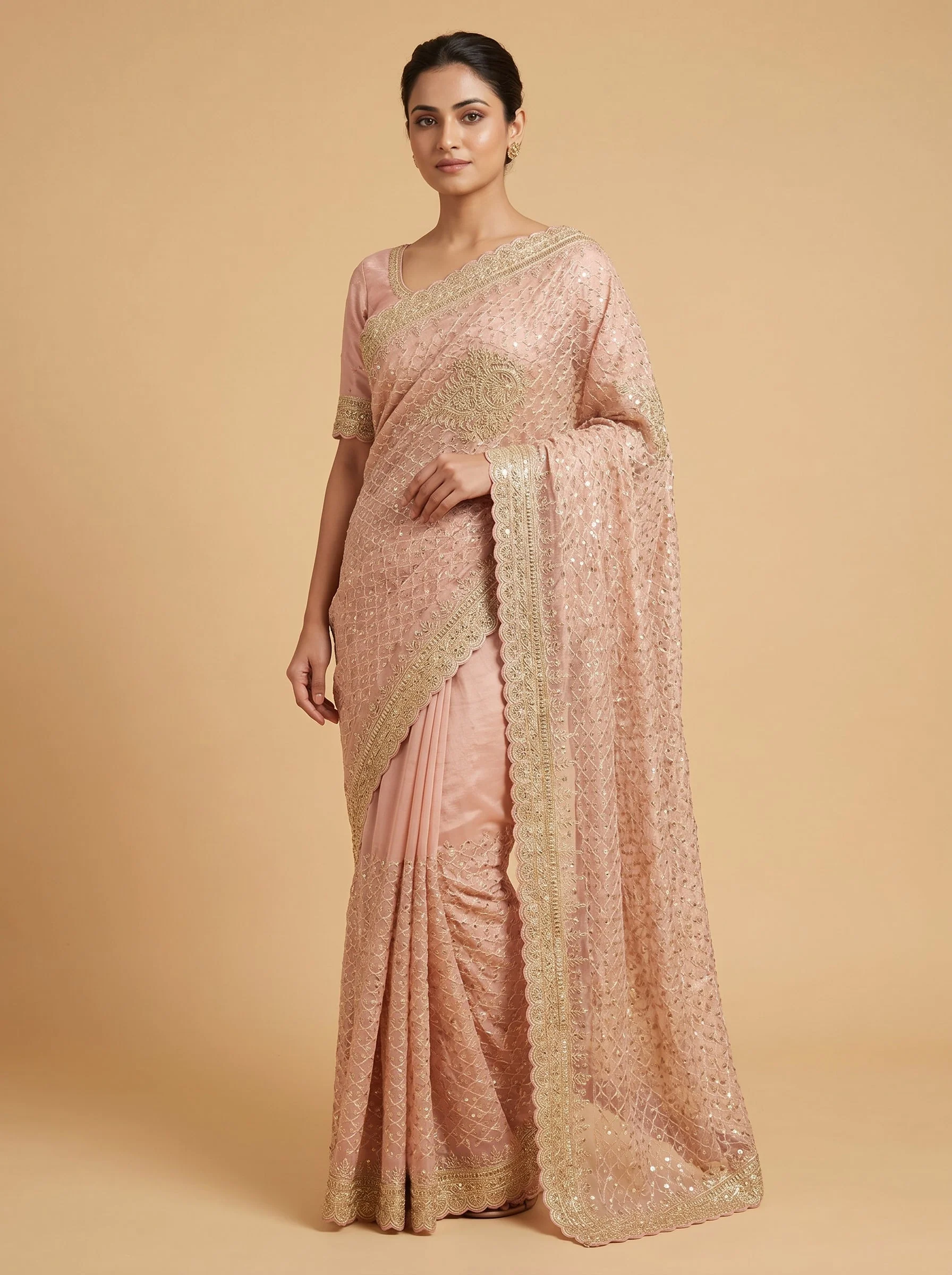 Peach Dimensional Detail Embroidered Saree