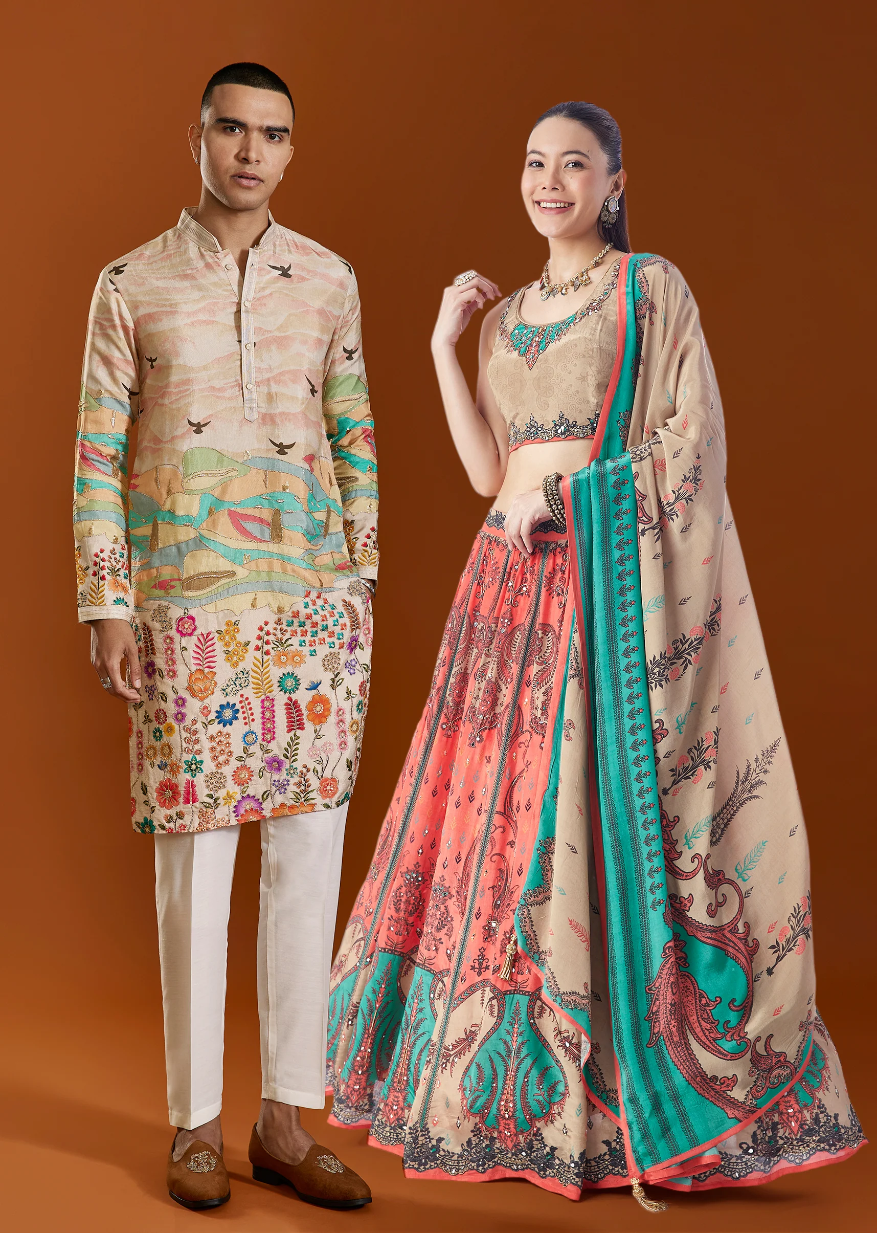 Peach Elegance Duo – Paisley Printed Lehenga For Her And Embroidered Kurta Set For Him