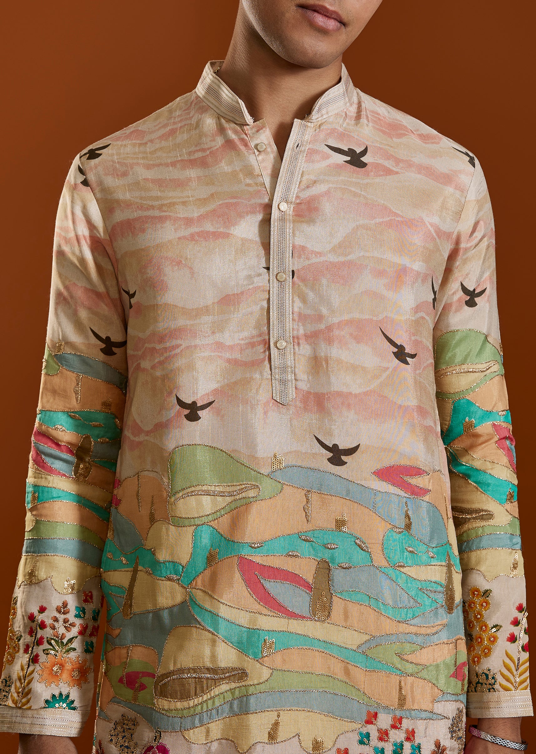 Peach Elegance Duo – Paisley Printed Lehenga For Her And Embroidered Kurta Set For Him - Image 7