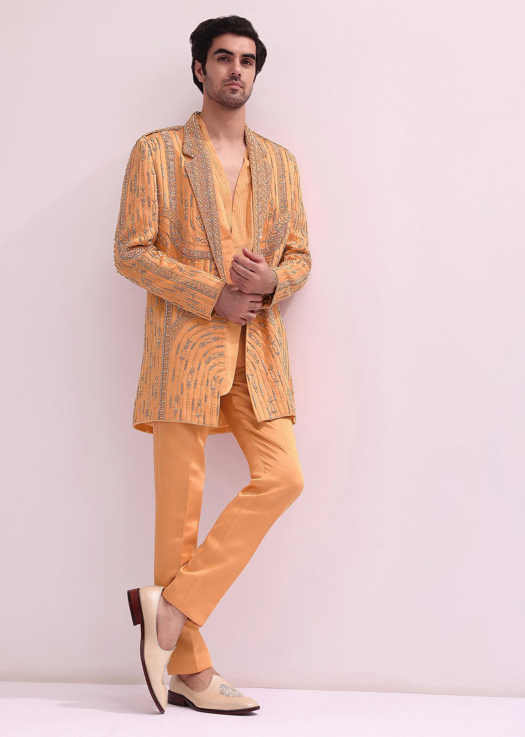 Peach Embellished Shawl Lapel Tuxedo With Kurta And Pants - Image 3