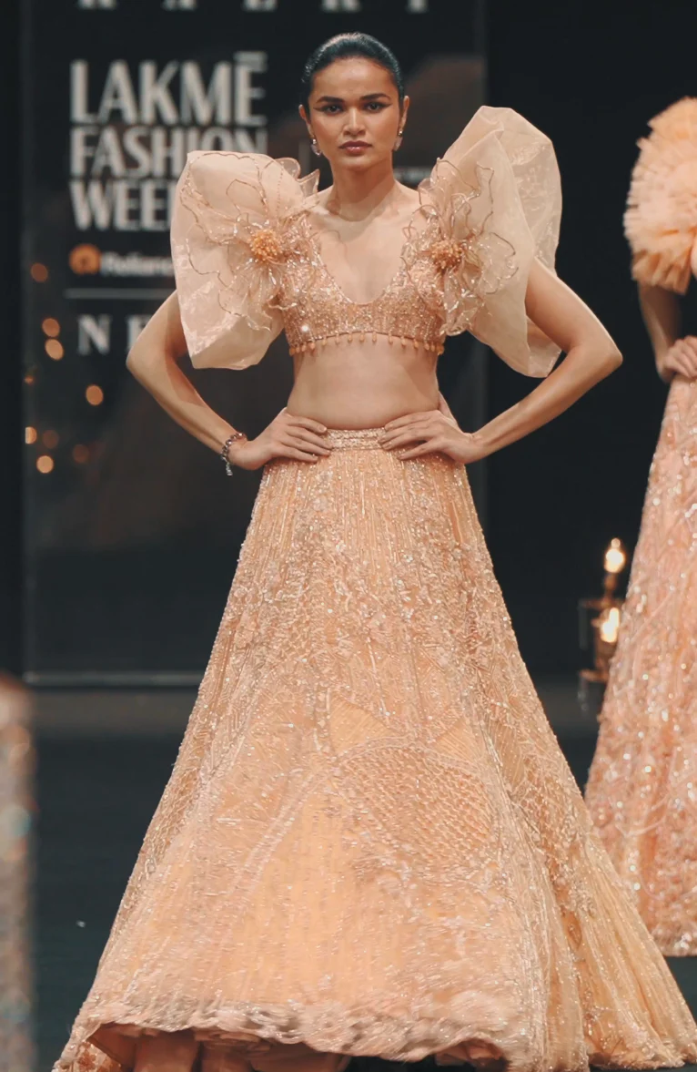 Peach Zardosi Lehenga With Dramatic Net Sleeves Blouse - Image 10