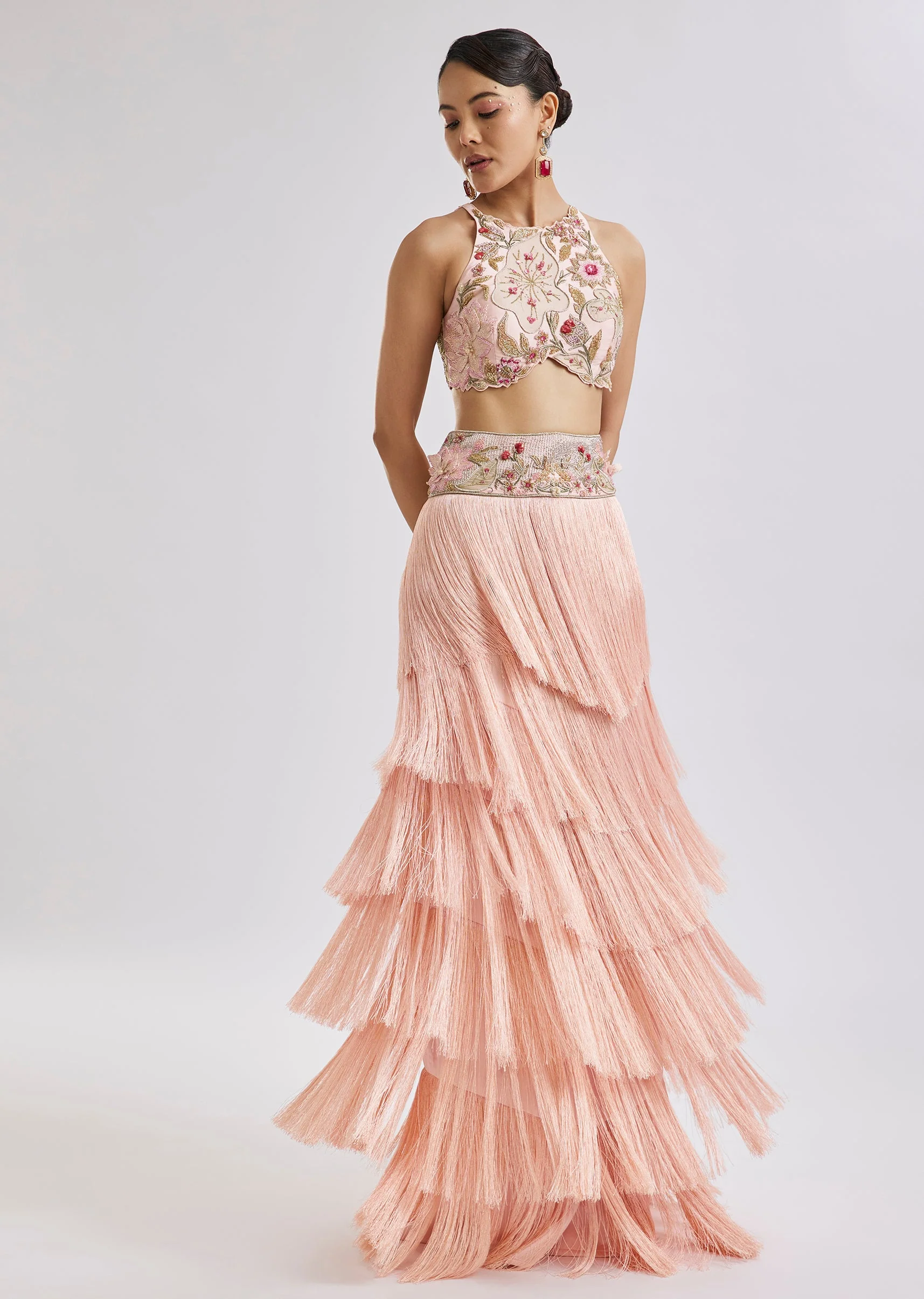 Peach Embroidered Blouse With Fringed Skirt Set