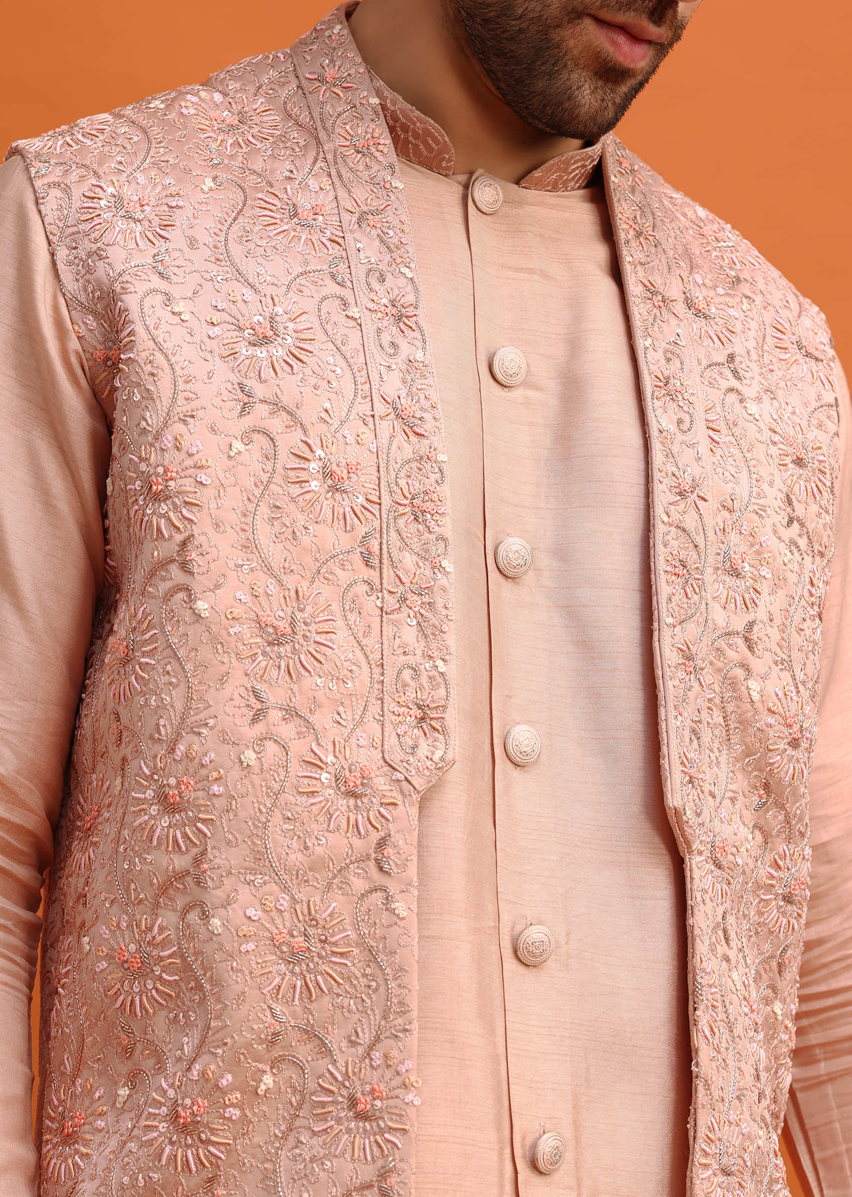 Peach Embroidered Kurta Jacket Set For Men - Image 2