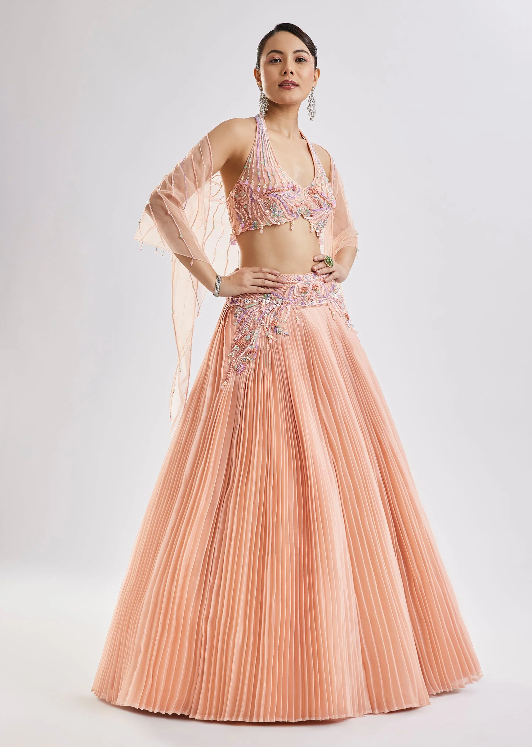 Peach Embroidered Lehenga Set With Dupatta - Image 3