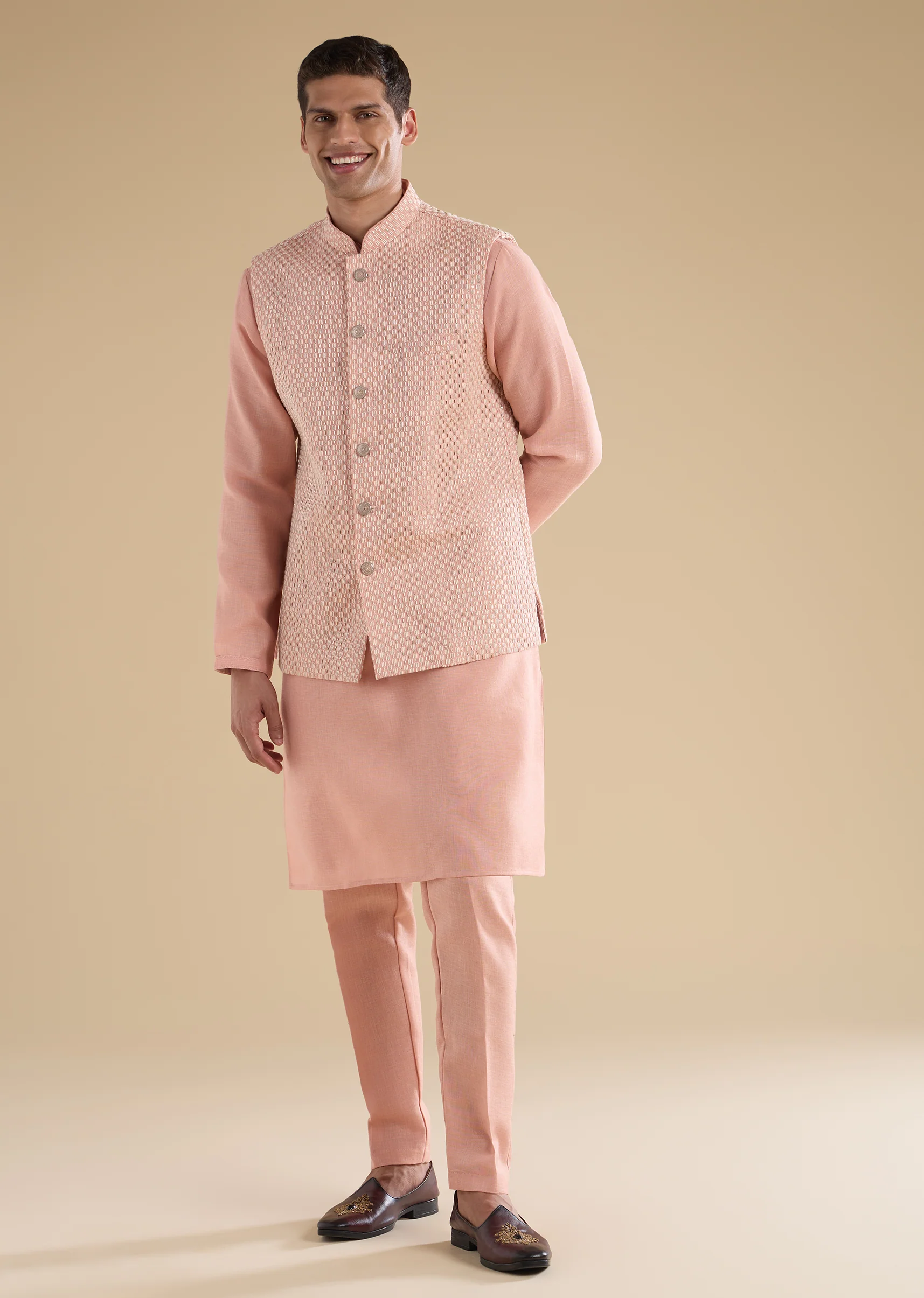 Peach Embroidered Silk An Kurta Jacket Set - Image 4