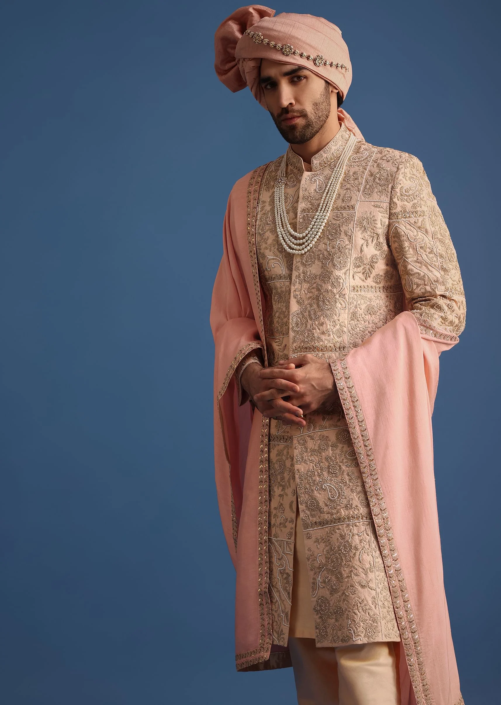 Peach Embroidered Silk Sherwani Suit - Image 5
