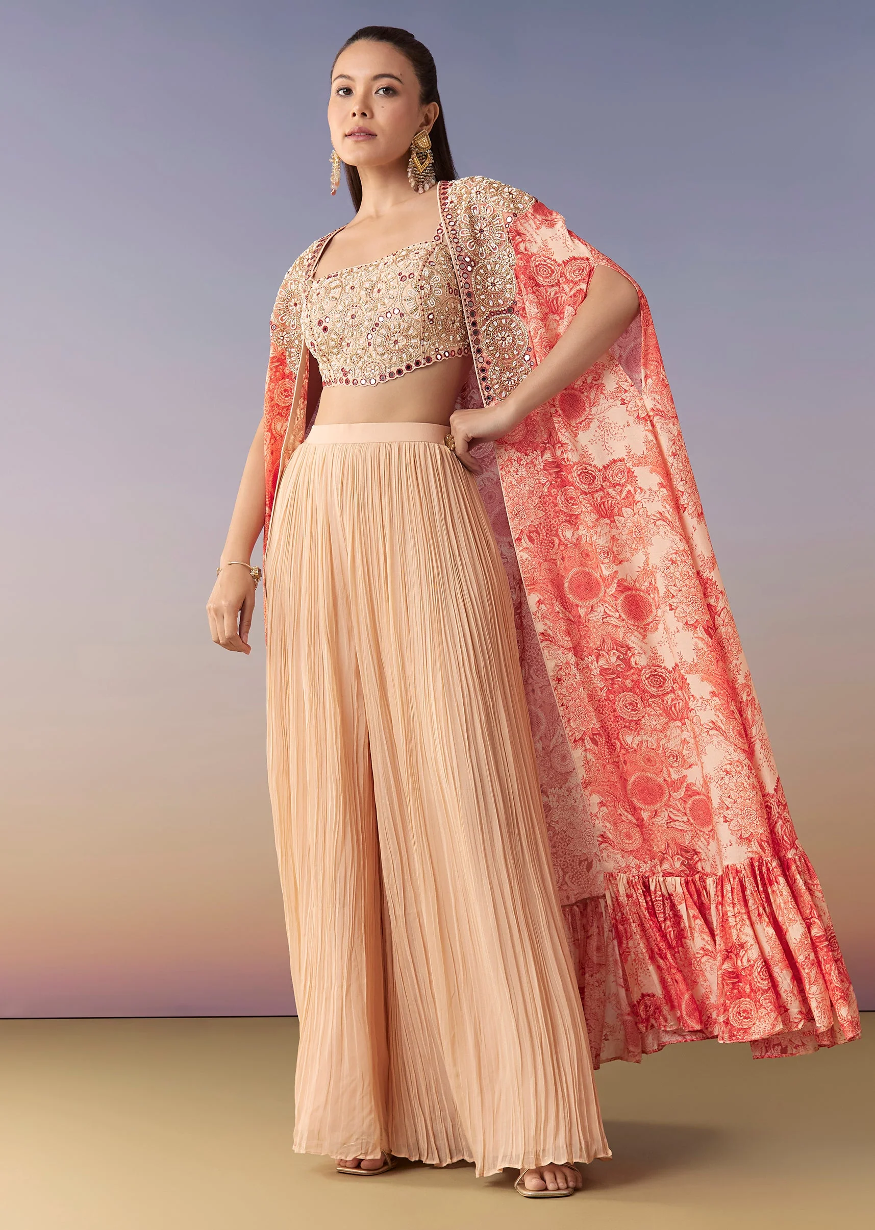 Peach Floral Cape Crop Top Set With Palazzo - Image 3