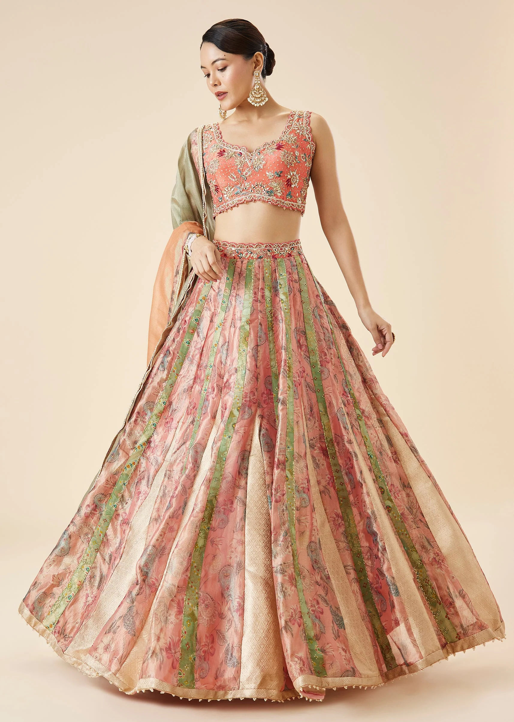 Peach Floral Embroidered Lehenga Set