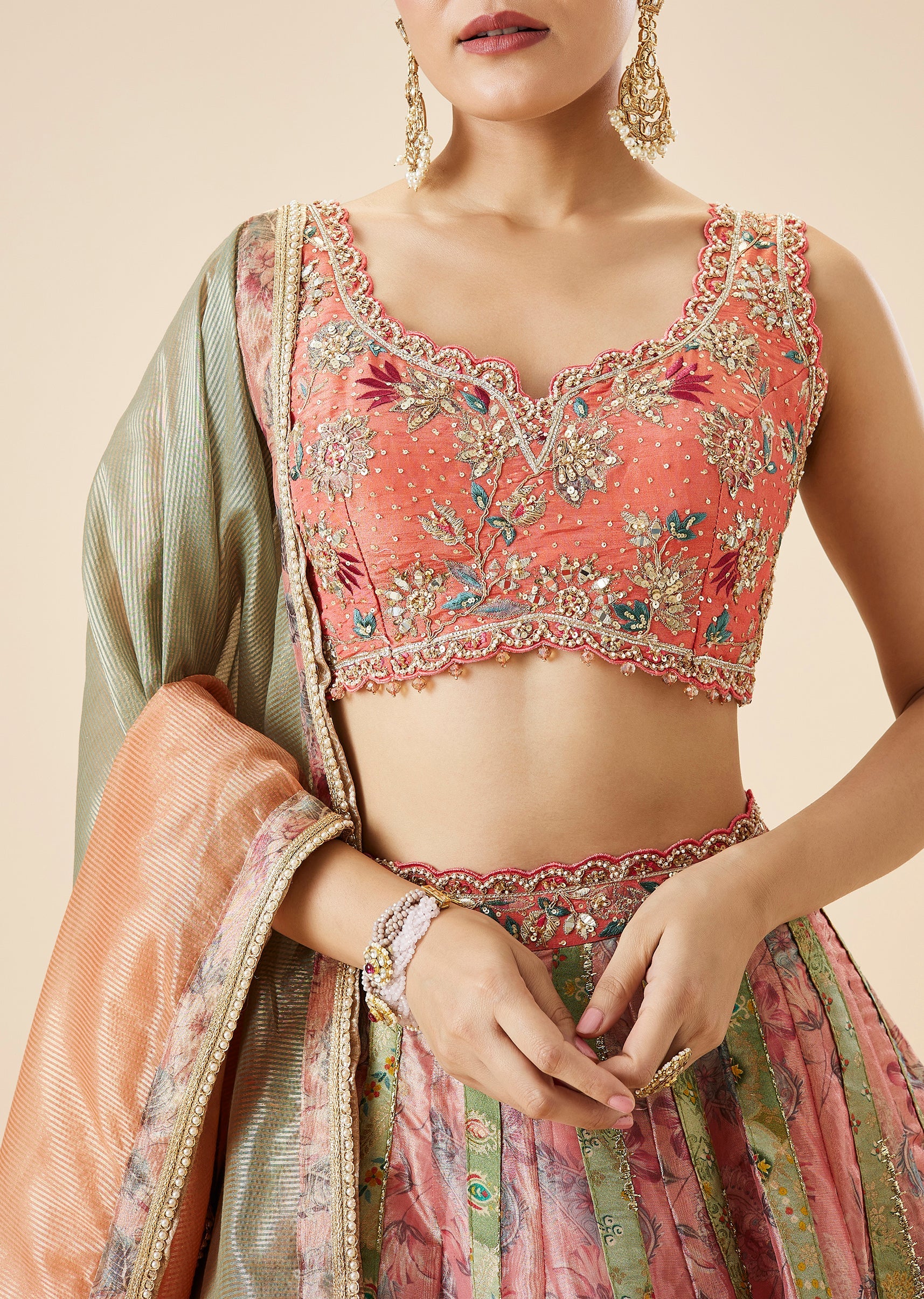 Peach Floral Embroidered Lehenga Set - Image 3