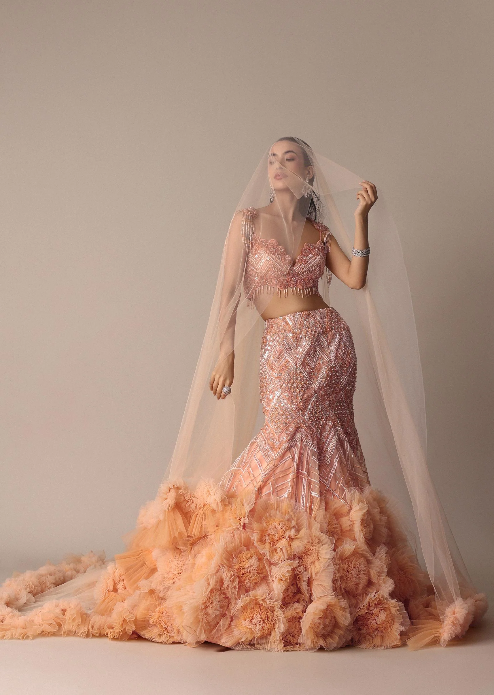 Peach Fish Cut Frill Lehenga Set With Trail Dupatta And Tassels - Image 2