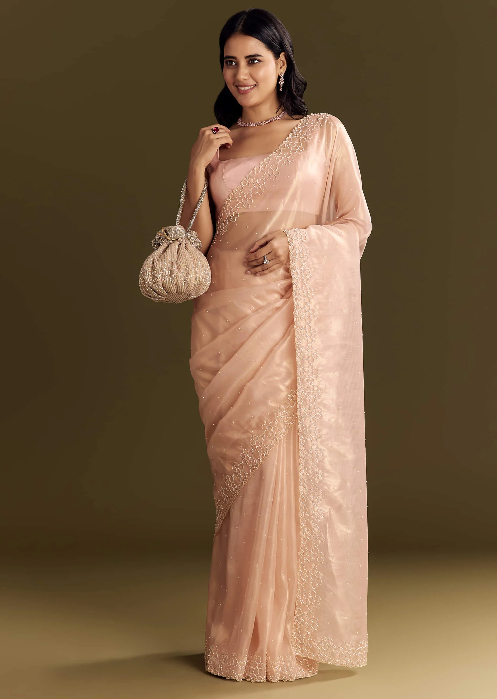 Peach Glass Tissue Saree With Cutdana And Beads Scallop Border - Image 2