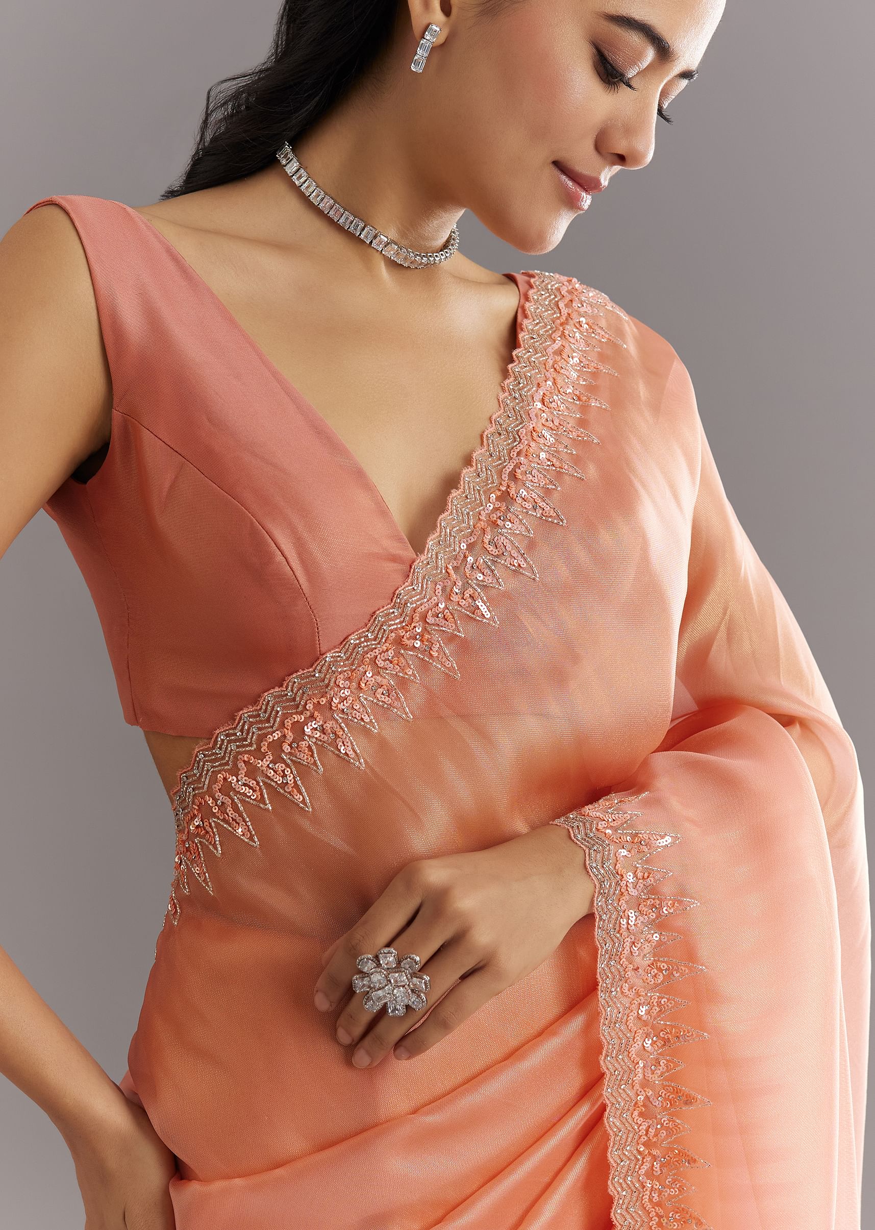 Peach Glass Tissue Saree With Cutdana Sequins Embroidery And Cutwork Scallop Border - Image 2