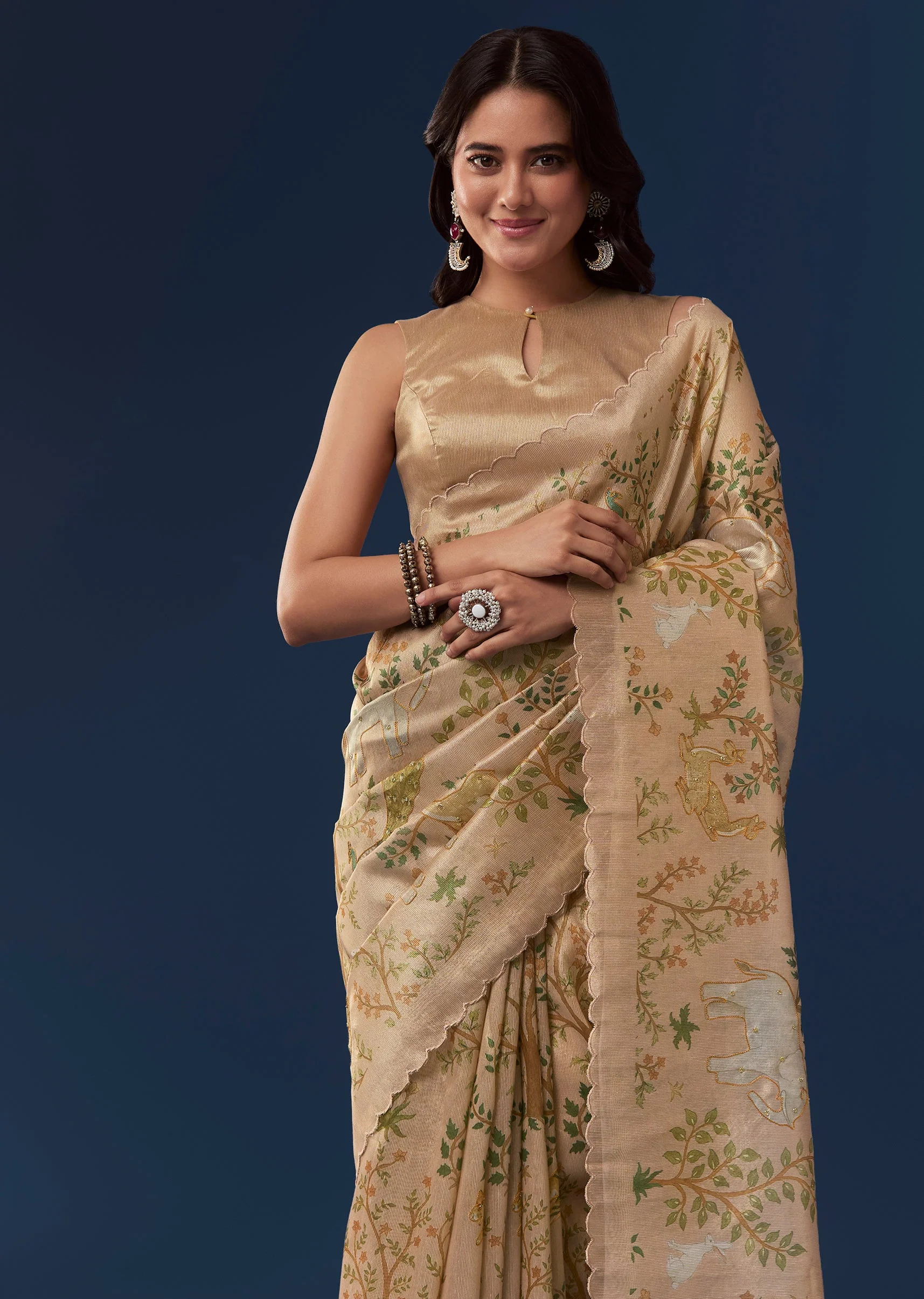 Peach Gold Tussar Saree With Scallop Border And Thread Work Motifs - Image 5