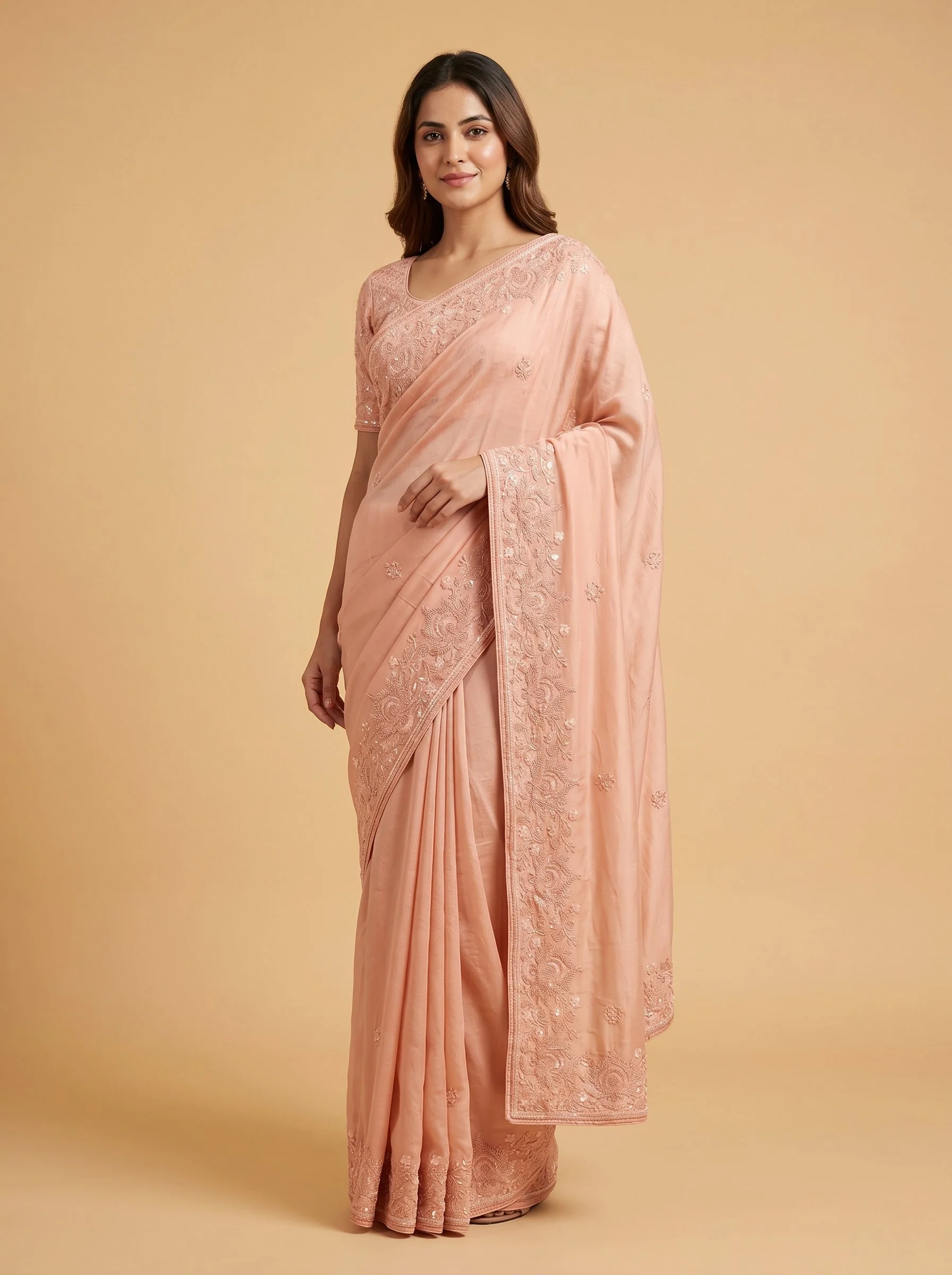 Peach Golden-Glow Embroidered Saree