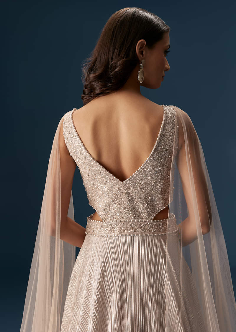 Peach Gown With Fully Embroidered Yoke And Feather Embellished Shoulders - Image 6