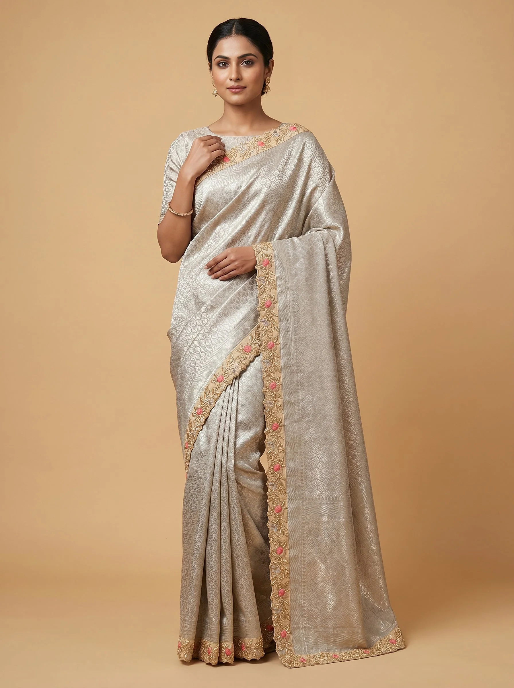 Peach Grey Fusion Saree