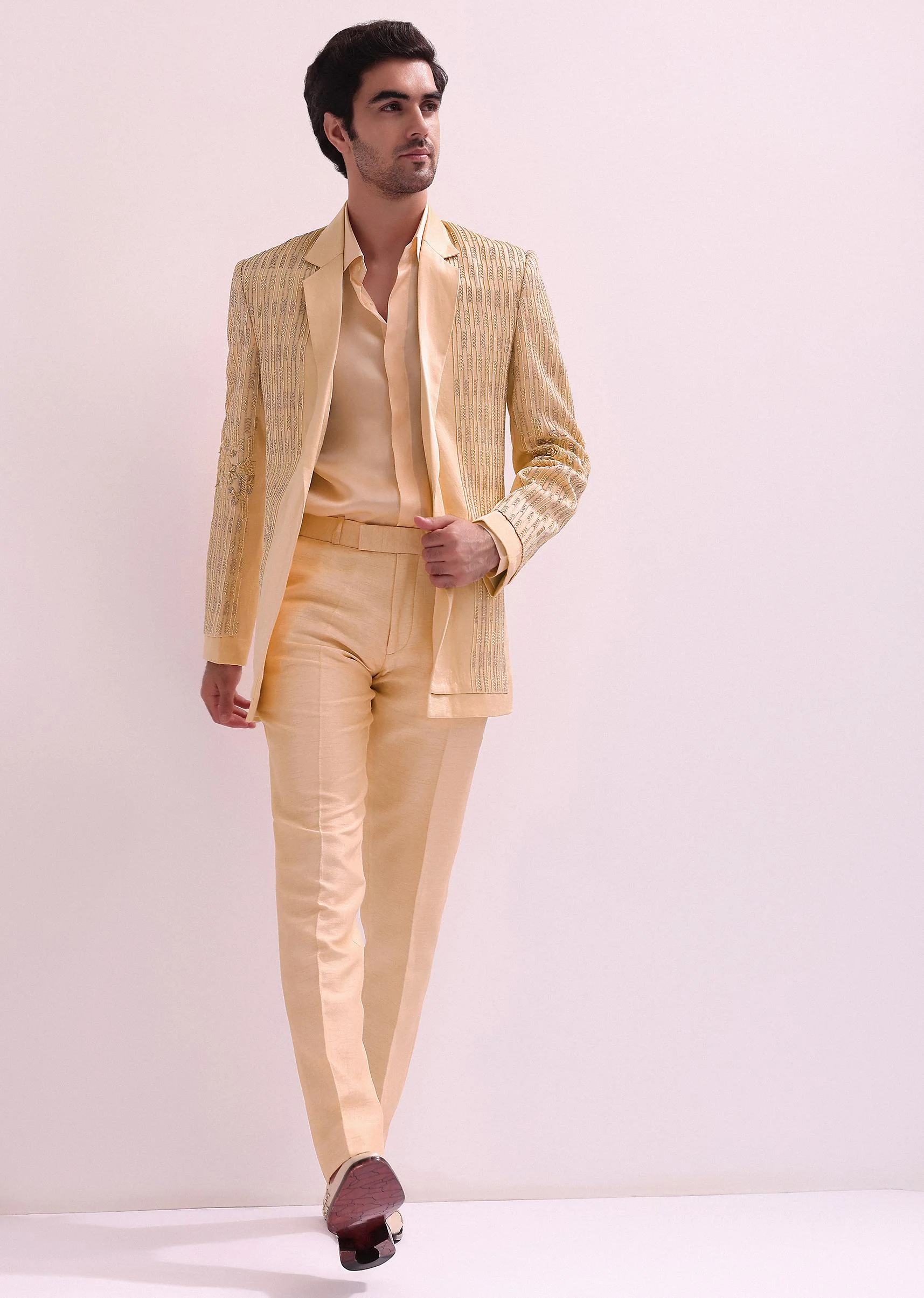 Peach Hand Embellished Lapel Tuxedo With Shirt And Pants - Image 4