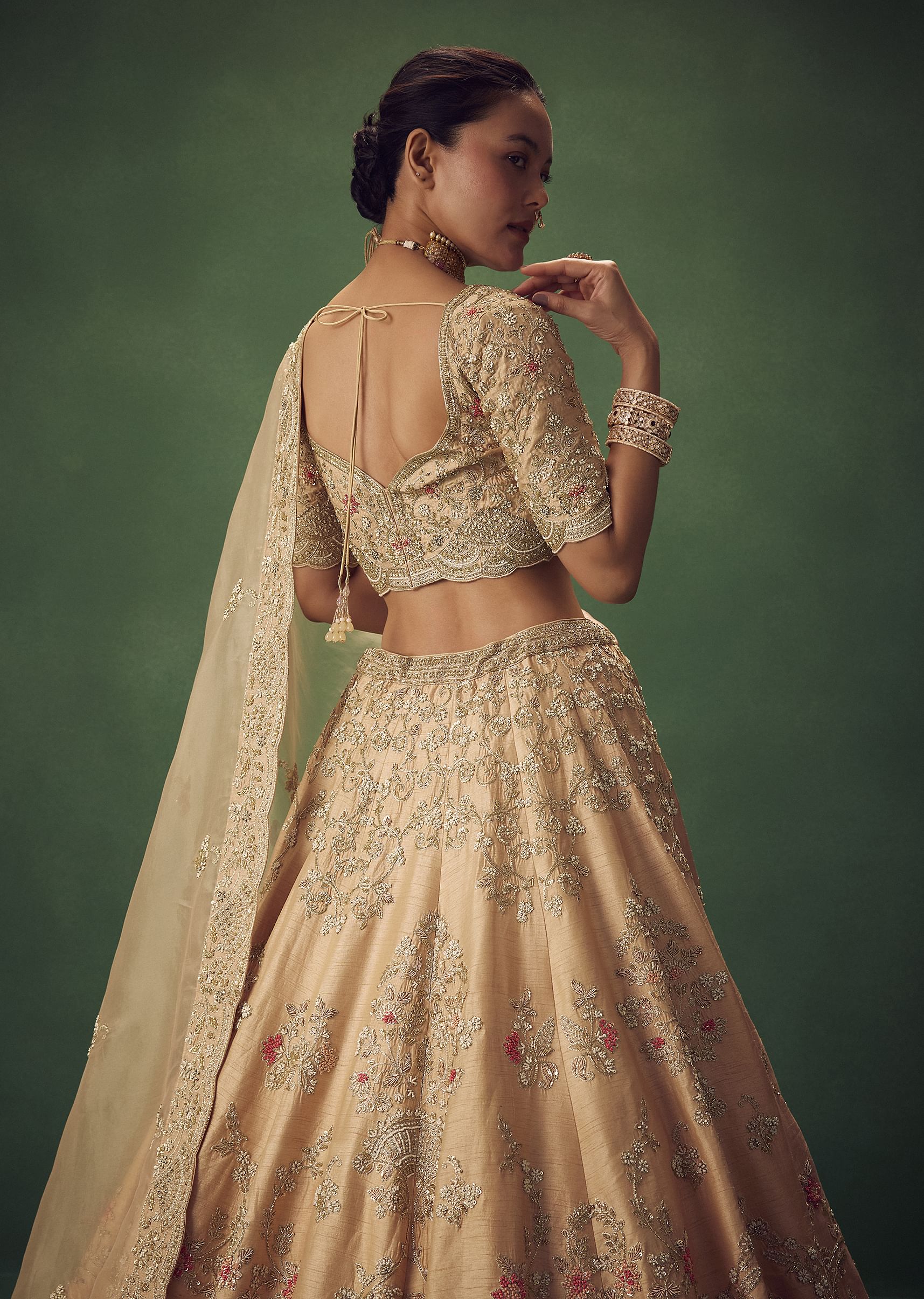 Peach Hand Embroidered Sequin And Zari Work Lehenga Set - Image 4