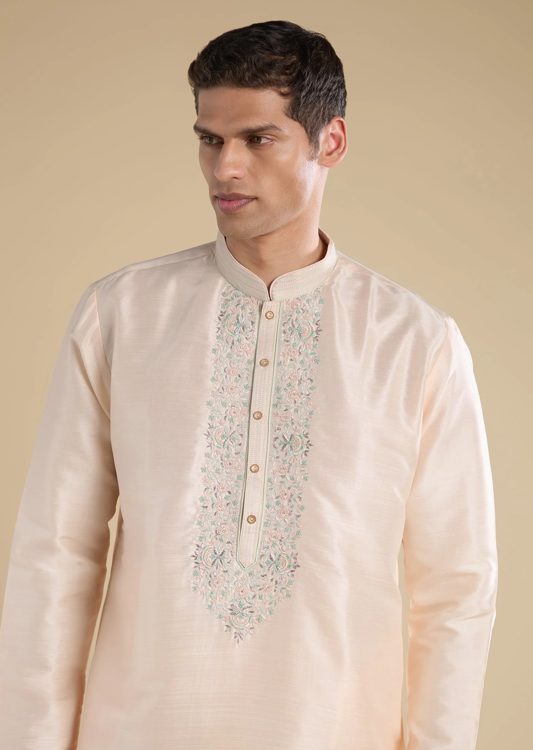 Peach Hand Embroidered Silk Kurta Set