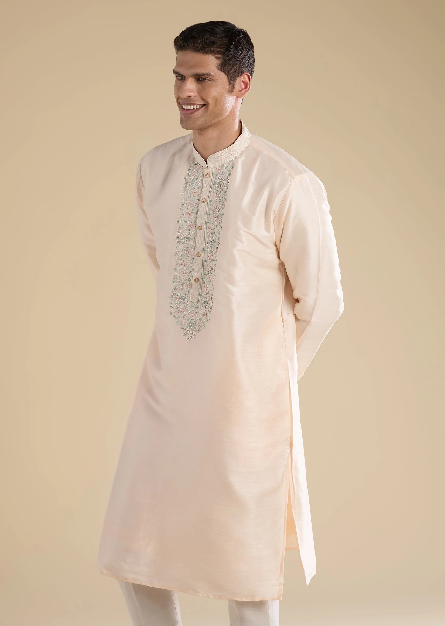 Peach Hand Embroidered Silk Kurta Set - Image 3