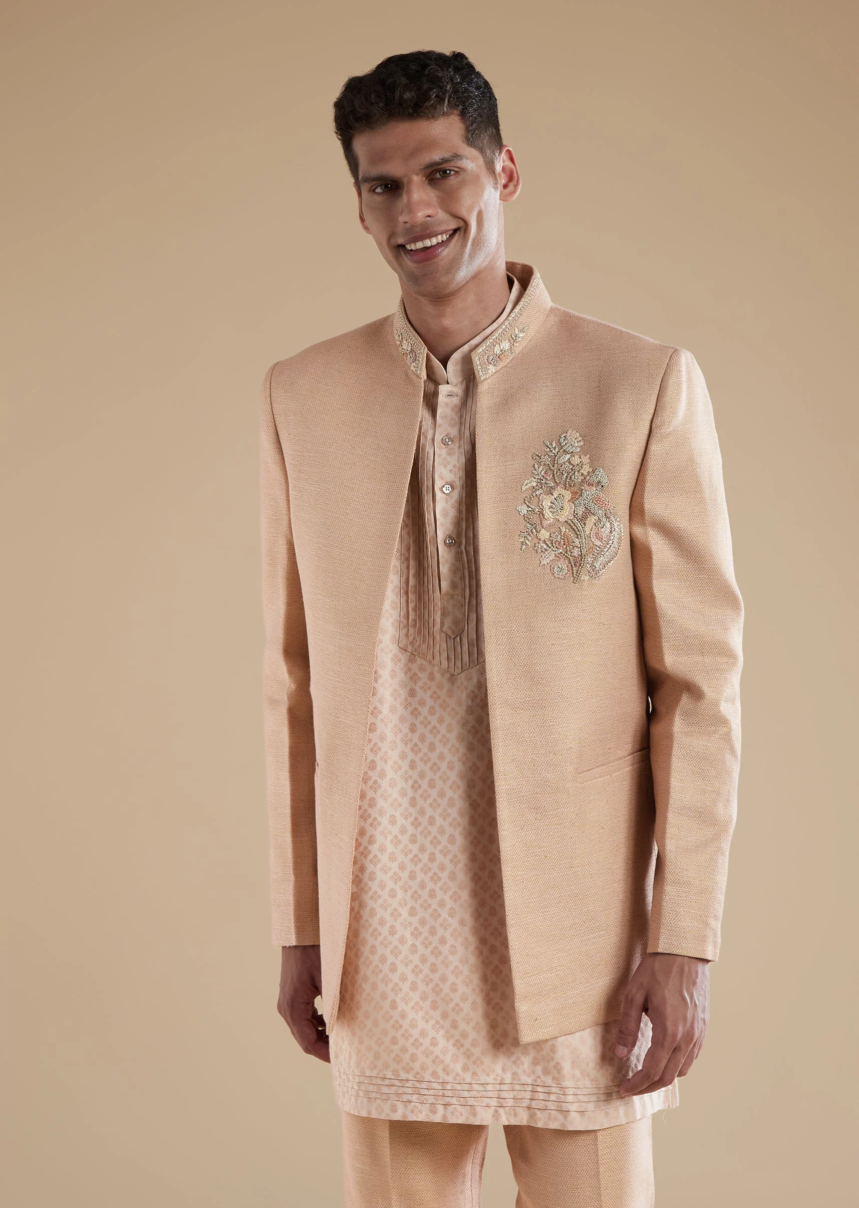 Peach Indowestern Set With French Knot Sequins Cut Dana Work - Image 4