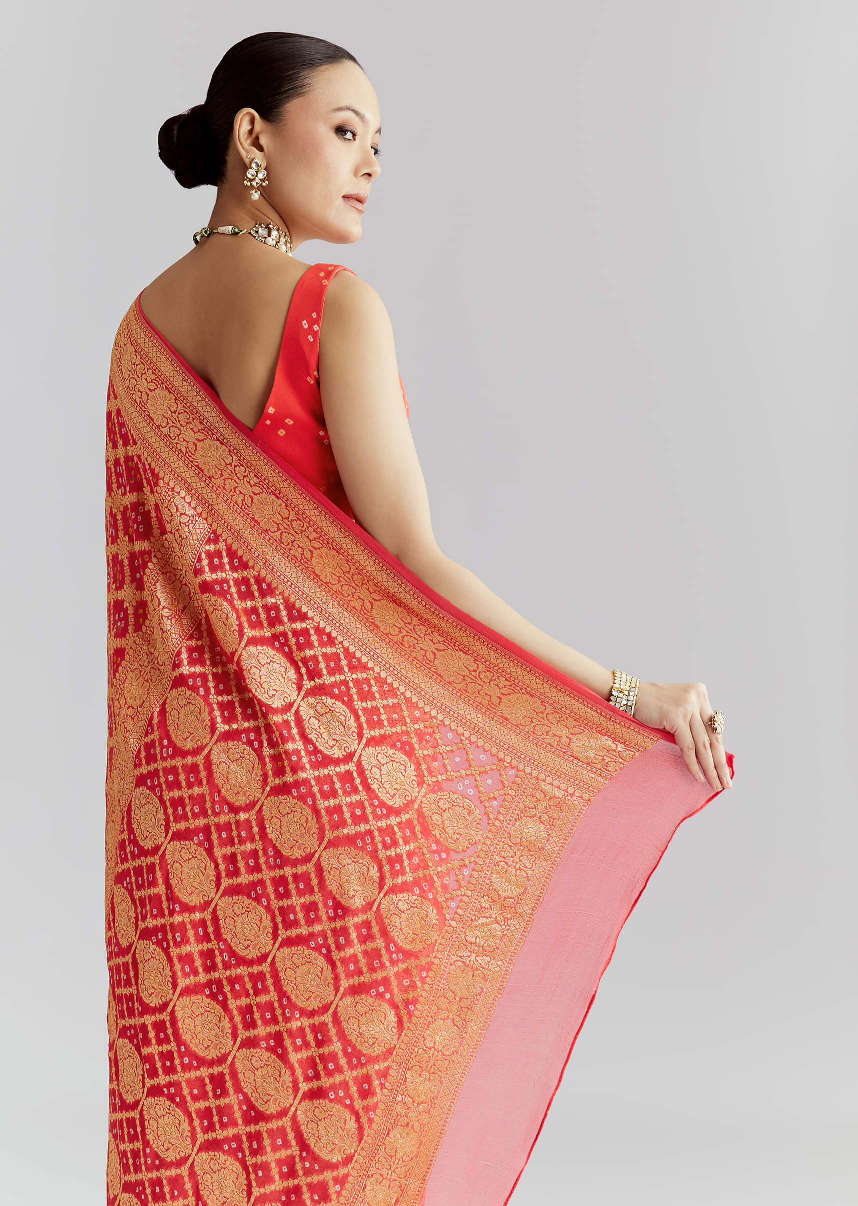 Peach Khadi Georgette Woven Saree With Bandhani And Butti Work - Image 6