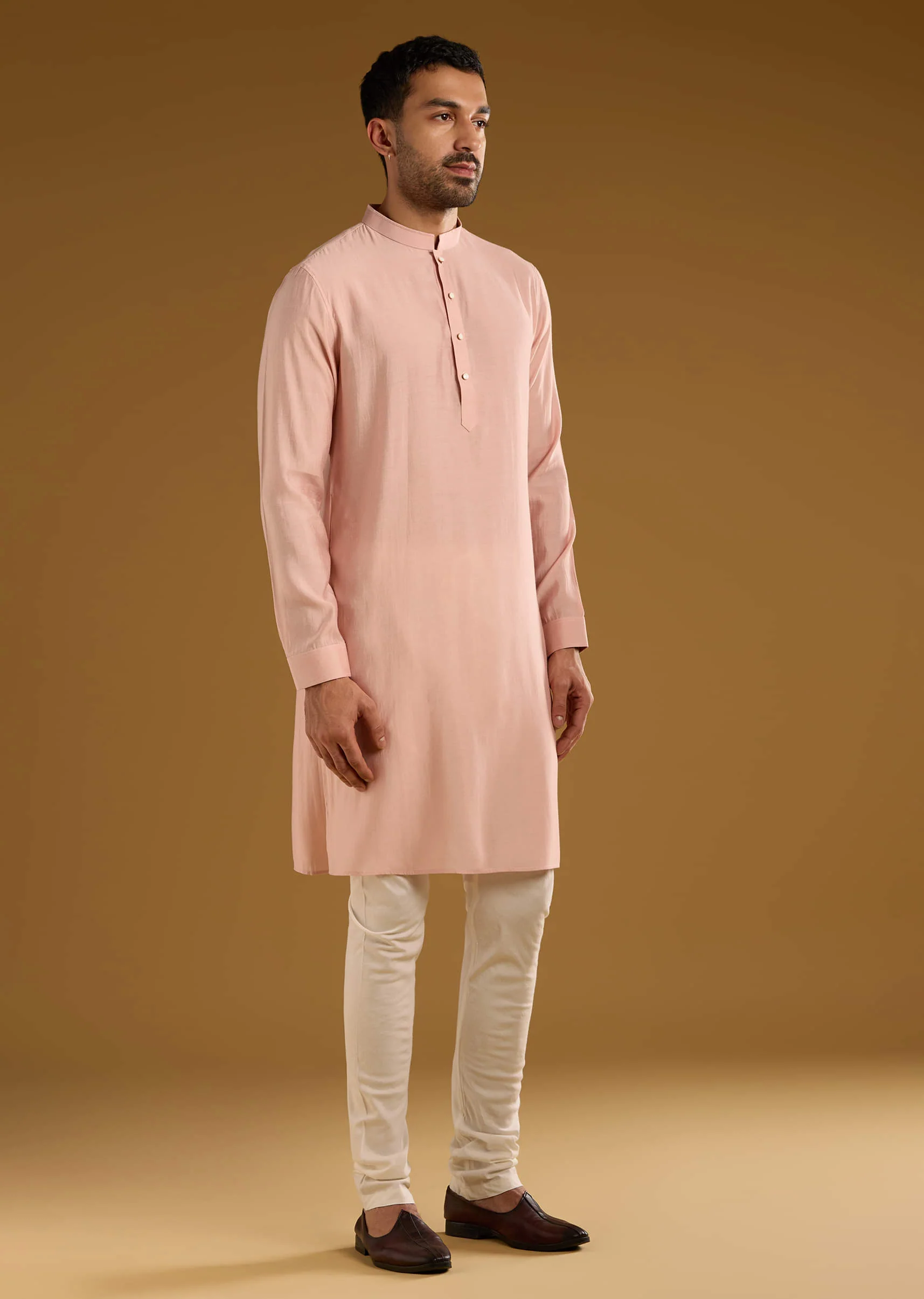 Peach Kurta Jacket Set For Men With Thread Embroidery - Image 7