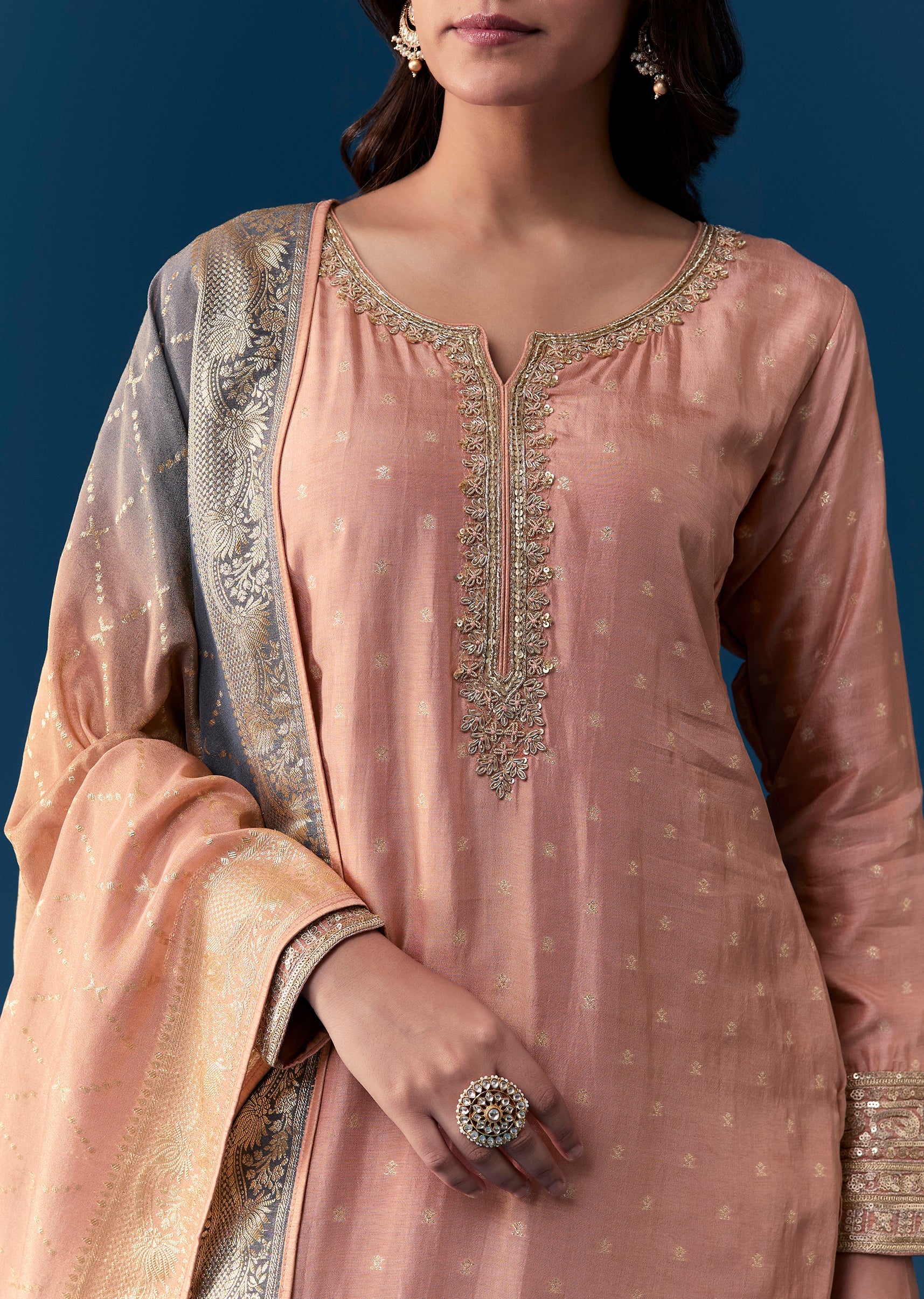 Peach Kurta Set With Zardosi And Sequins Work - Image 2
