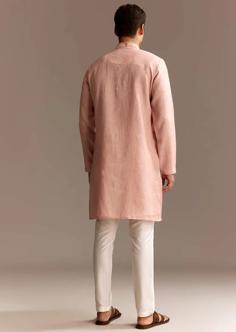 Peach Linen French Knot Kurta Set - Image 3