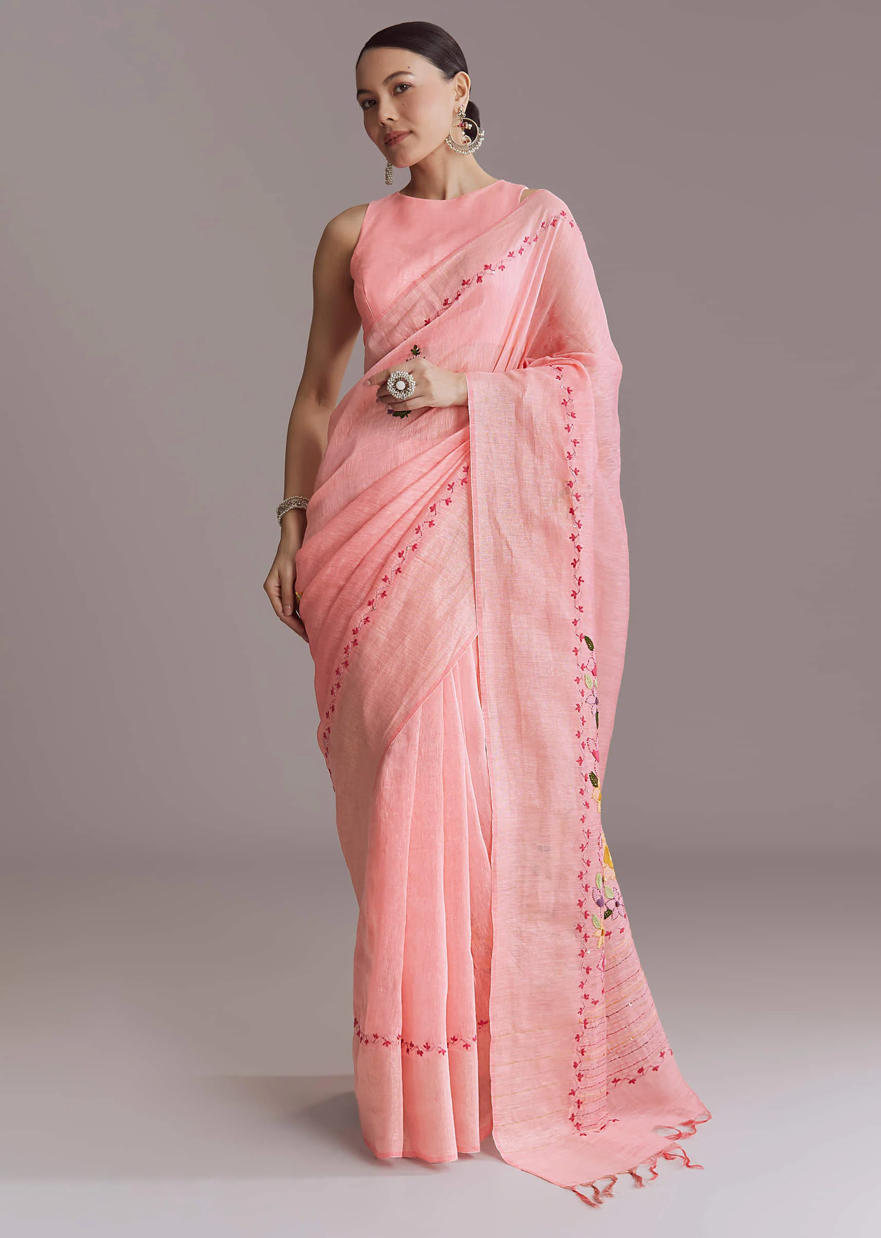 Peach Linen Handwoven Saree With Resham Embroidery - Image 3