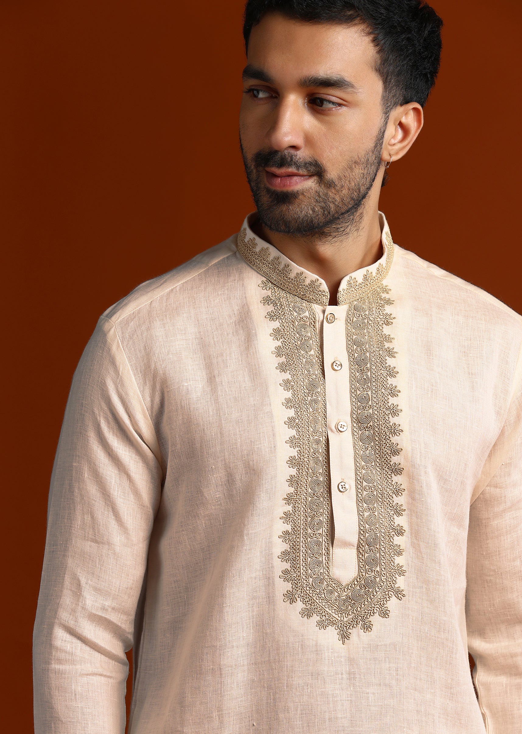 Peach Linen Kurta Set For Men With Intricate Thread Work