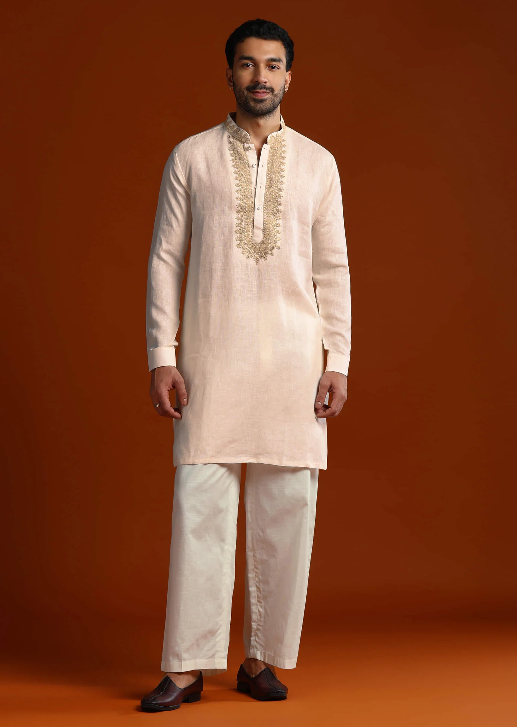 Peach Linen Kurta Set For Men With Intricate Thread Work - Image 2