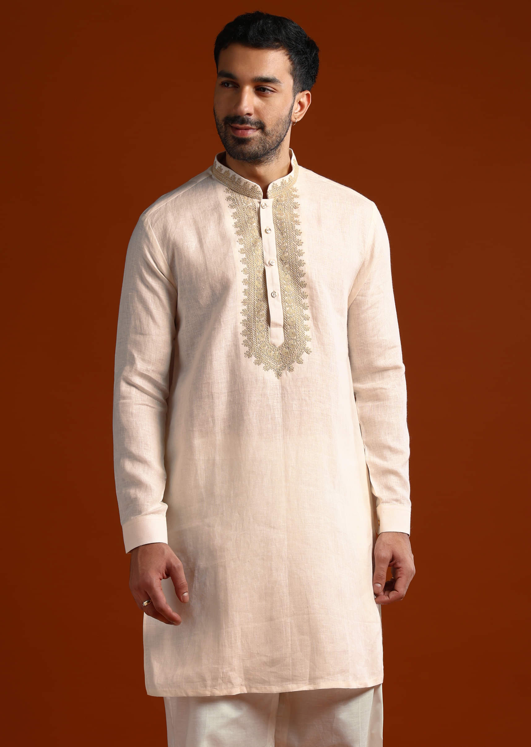 Peach Linen Kurta Set For Men With Intricate Thread Work - Image 3