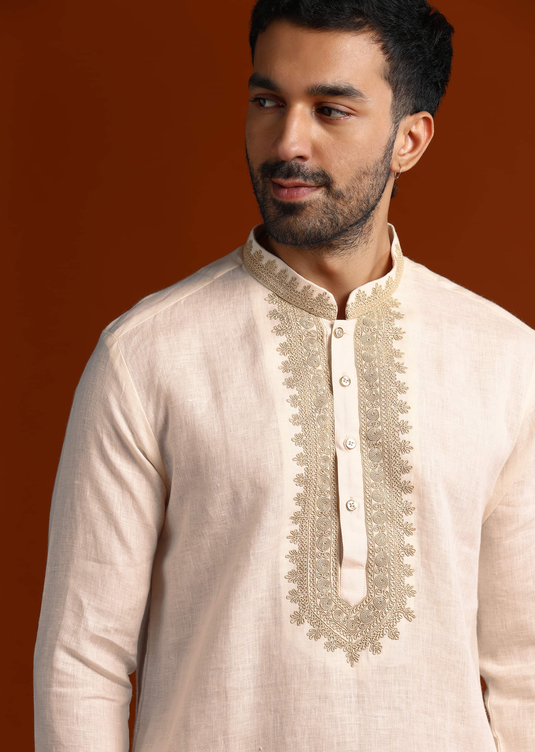 Peach Linen Kurta Set For Men With Intricate Thread Work - Image 5