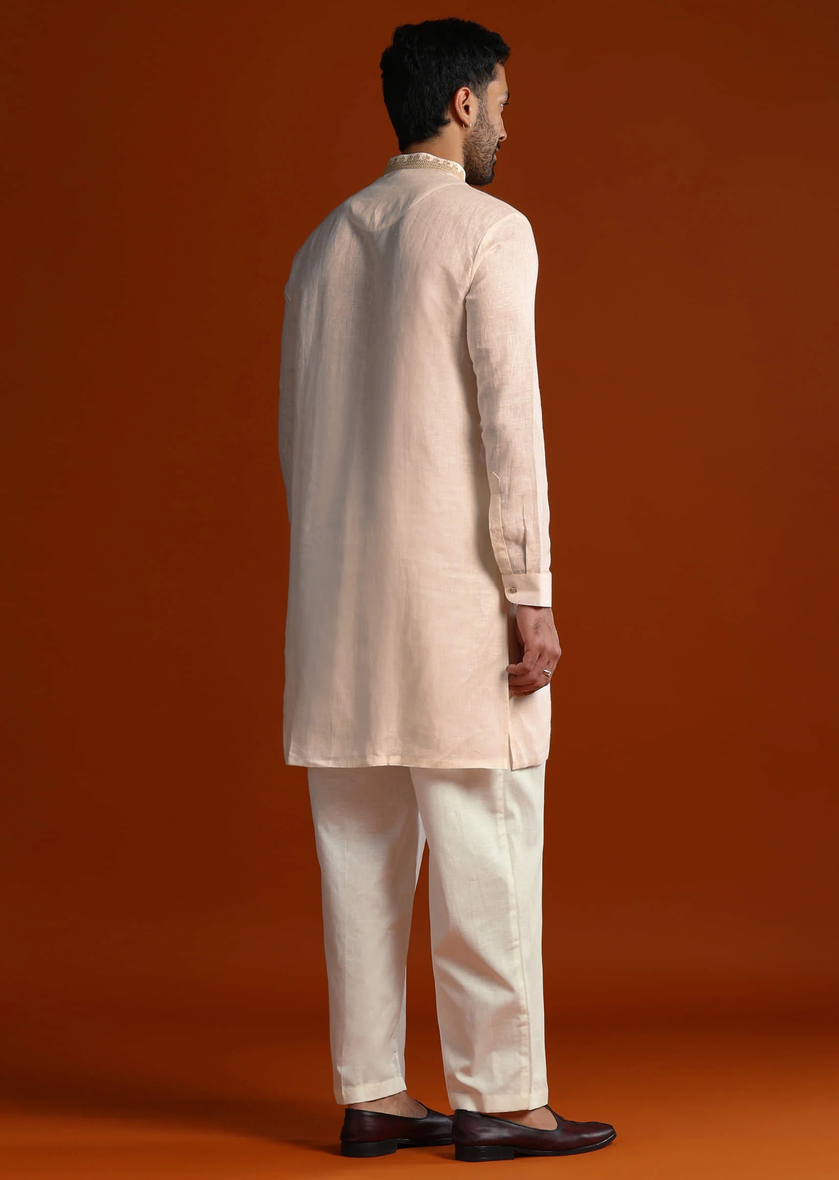 Peach Linen Kurta Set For Men With Intricate Thread Work - Image 6