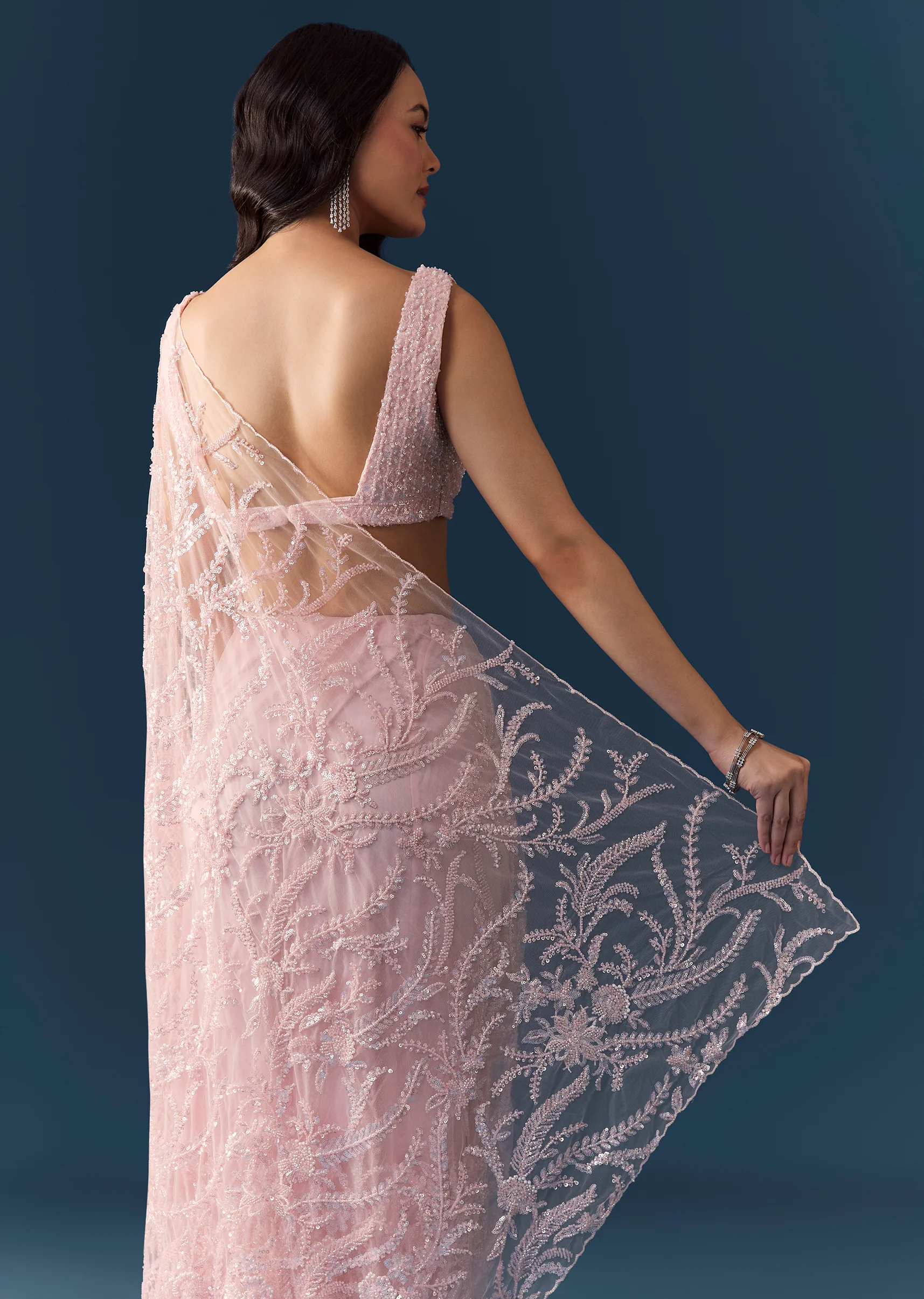 Peach Net Floral Jaal Cutwork Saree with Unstitched Blouse - Image 3