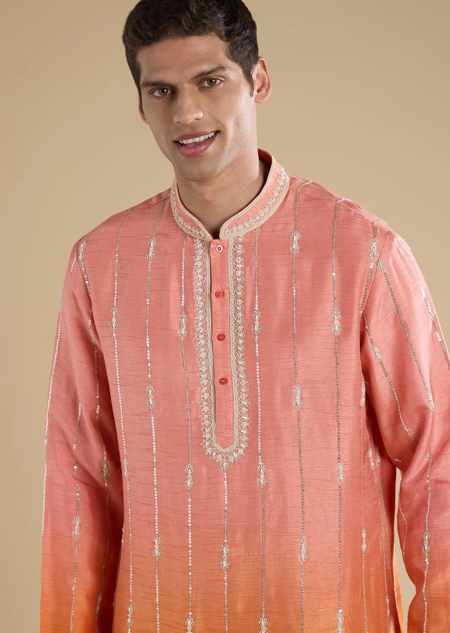 Peach Ombre Hand Embroidered Kurta With Dupatta And Pants - Image 3