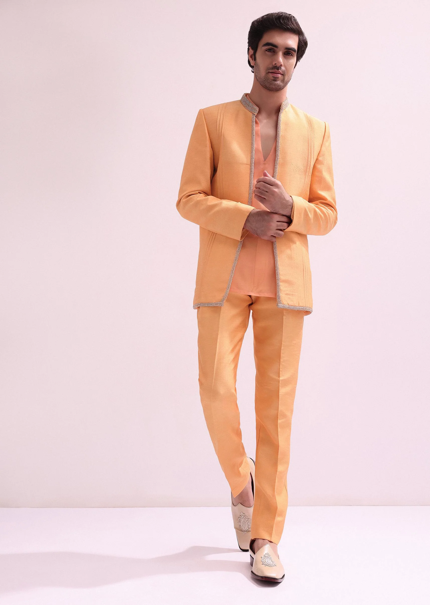 Peach Ombre Pintuck Laced Bandhgala With Kurta And Pants - Image 2