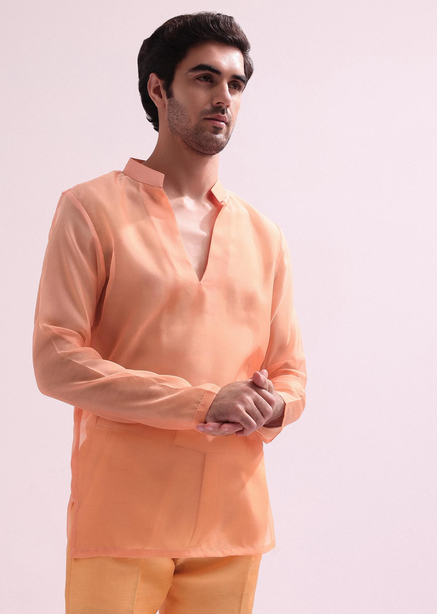 Peach Ombre Pintuck Laced Bandhgala With Kurta And Pants - Image 6
