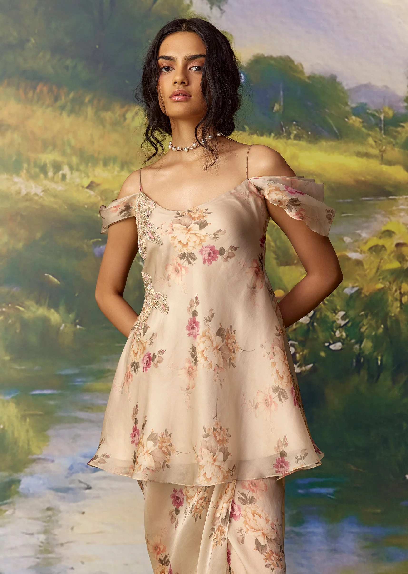 Peach Organza Applique Top and Skirt Set - Image 5