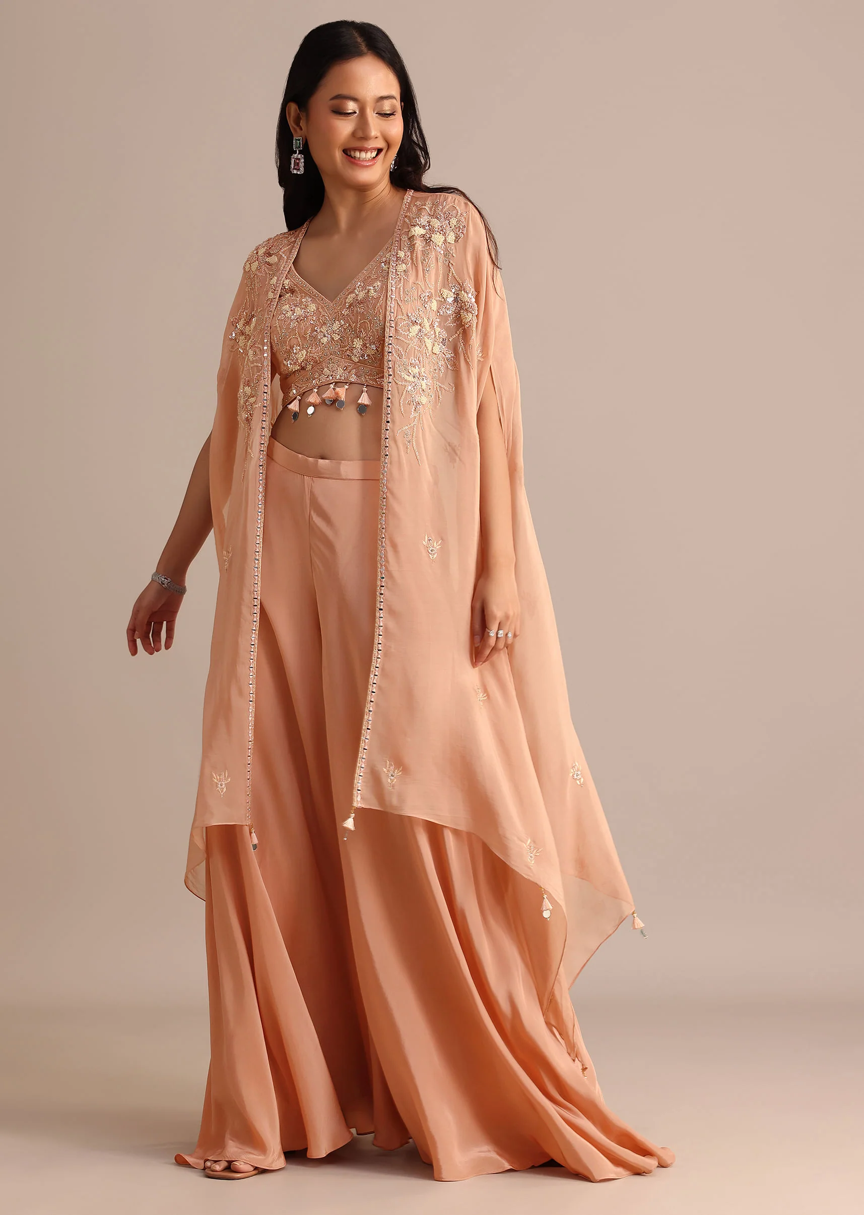 Peach Organza Crop Top Suit With Embroidered Jacket - Image 3
