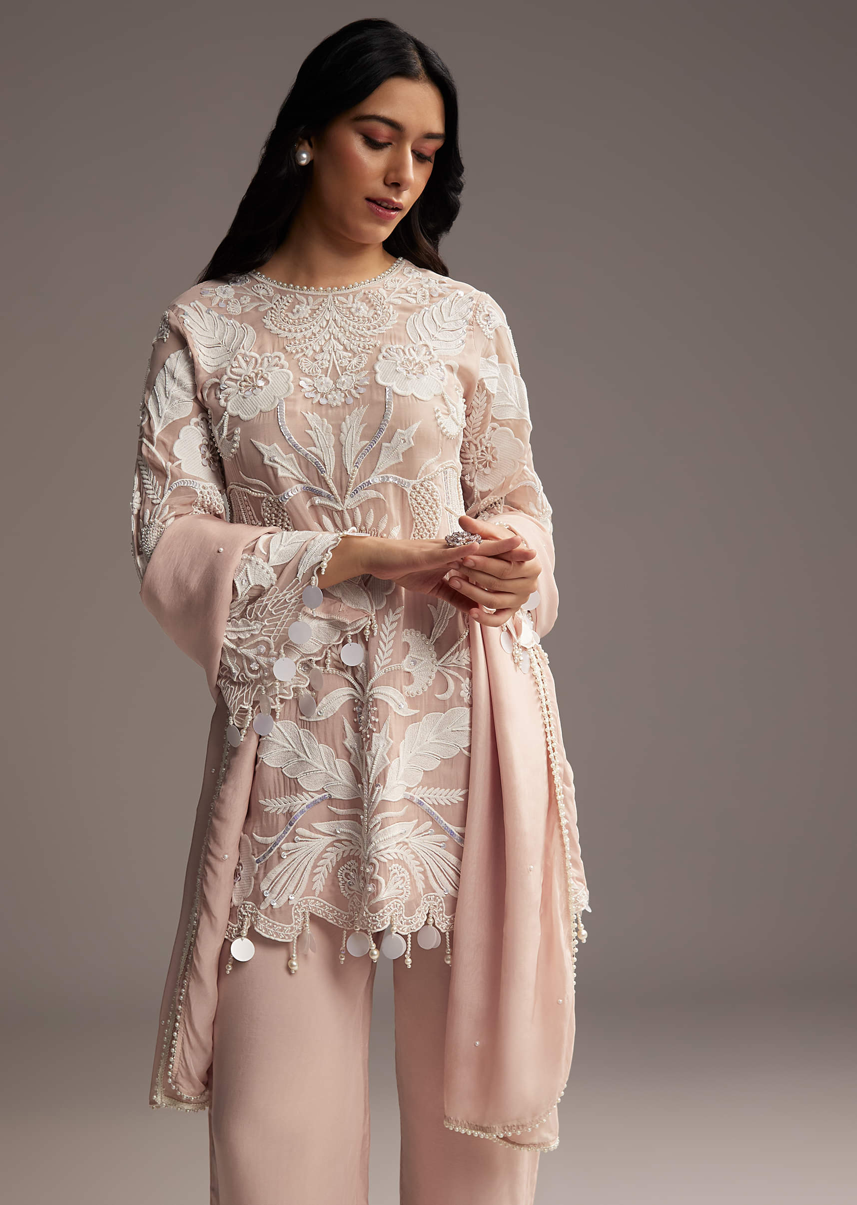 Peach Organza Kurta Set With Thread And Moti Work - Image 3