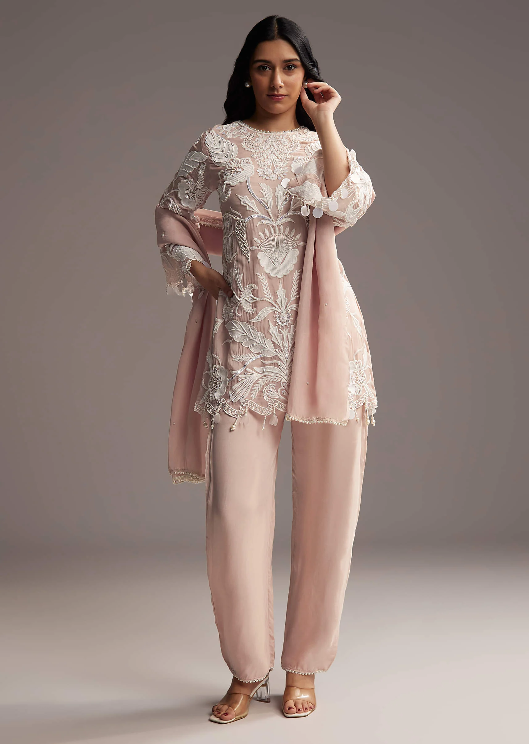 Peach Organza Kurta Set With Thread And Moti Work - Image 4