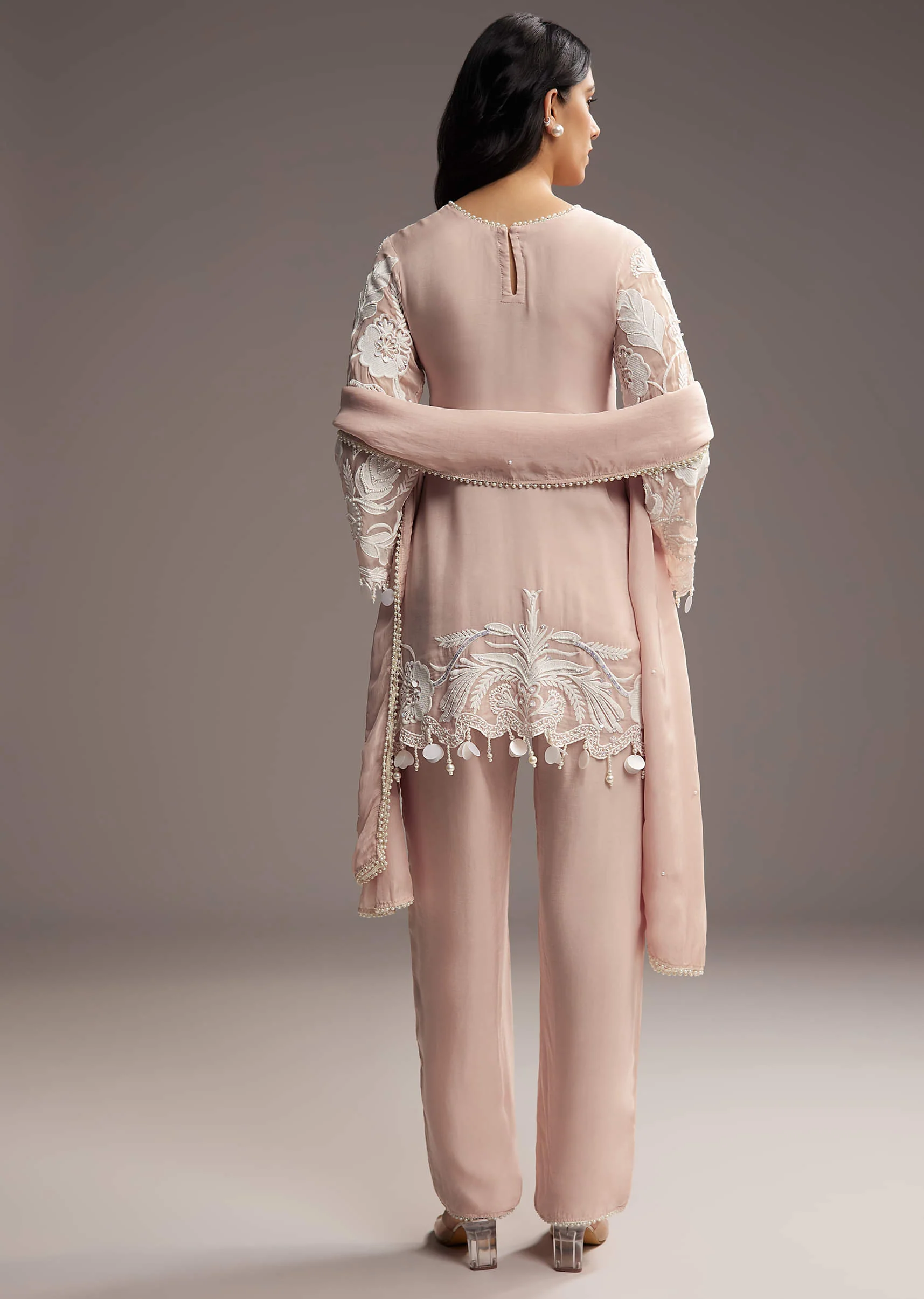 Peach Organza Kurta Set With Thread And Moti Work - Image 5