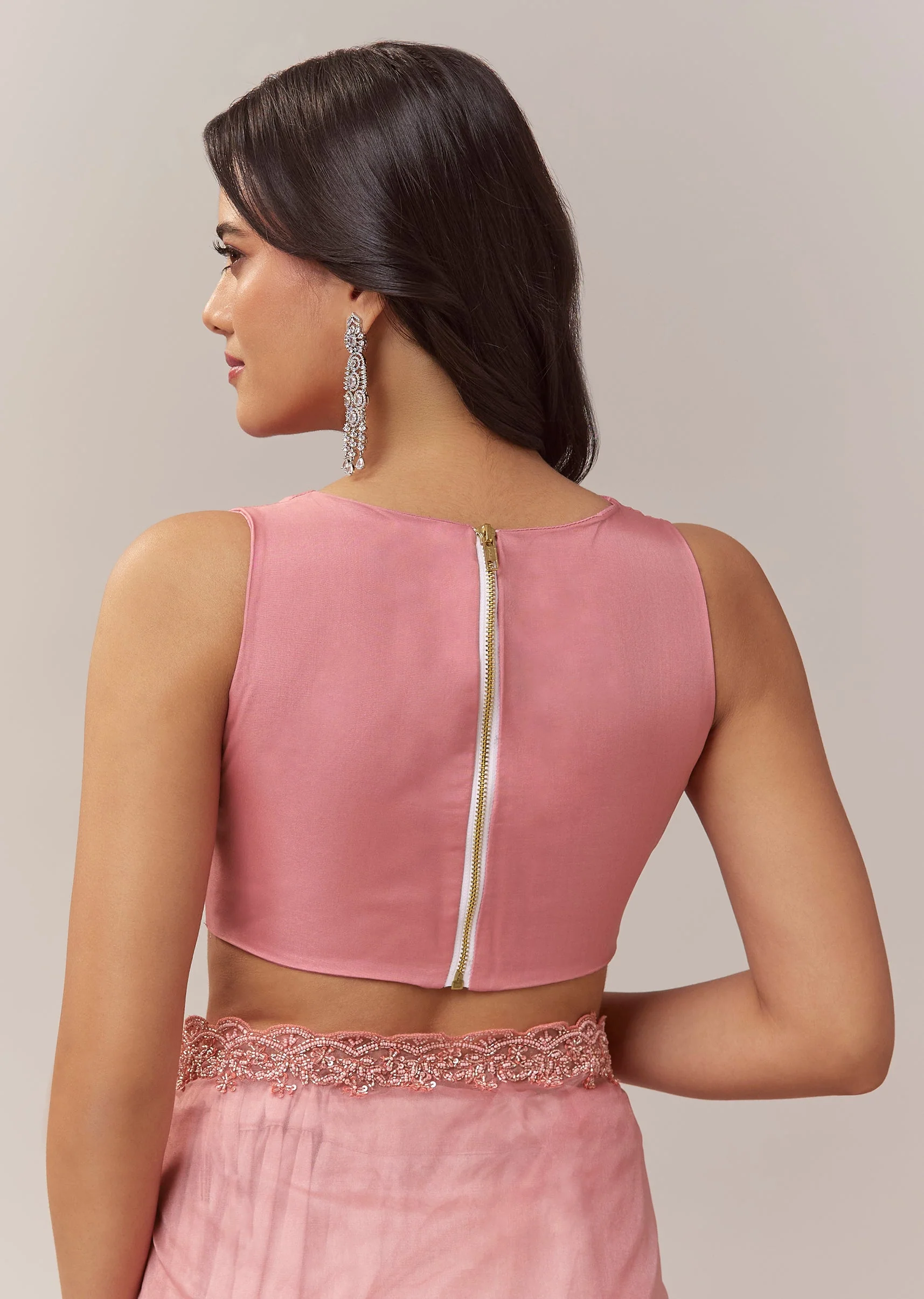 Peach Organza Saree With Scallop Border And Butti Embroidery - Image 8