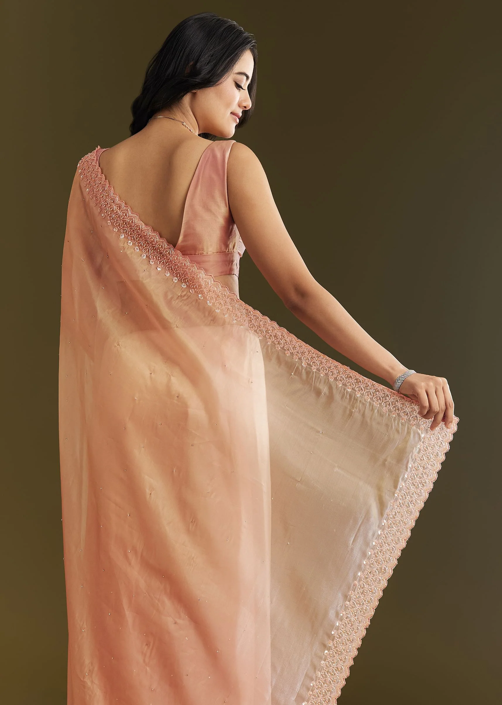Peach Organza Saree With Stone Embellishment And Scallop Border - Image 4