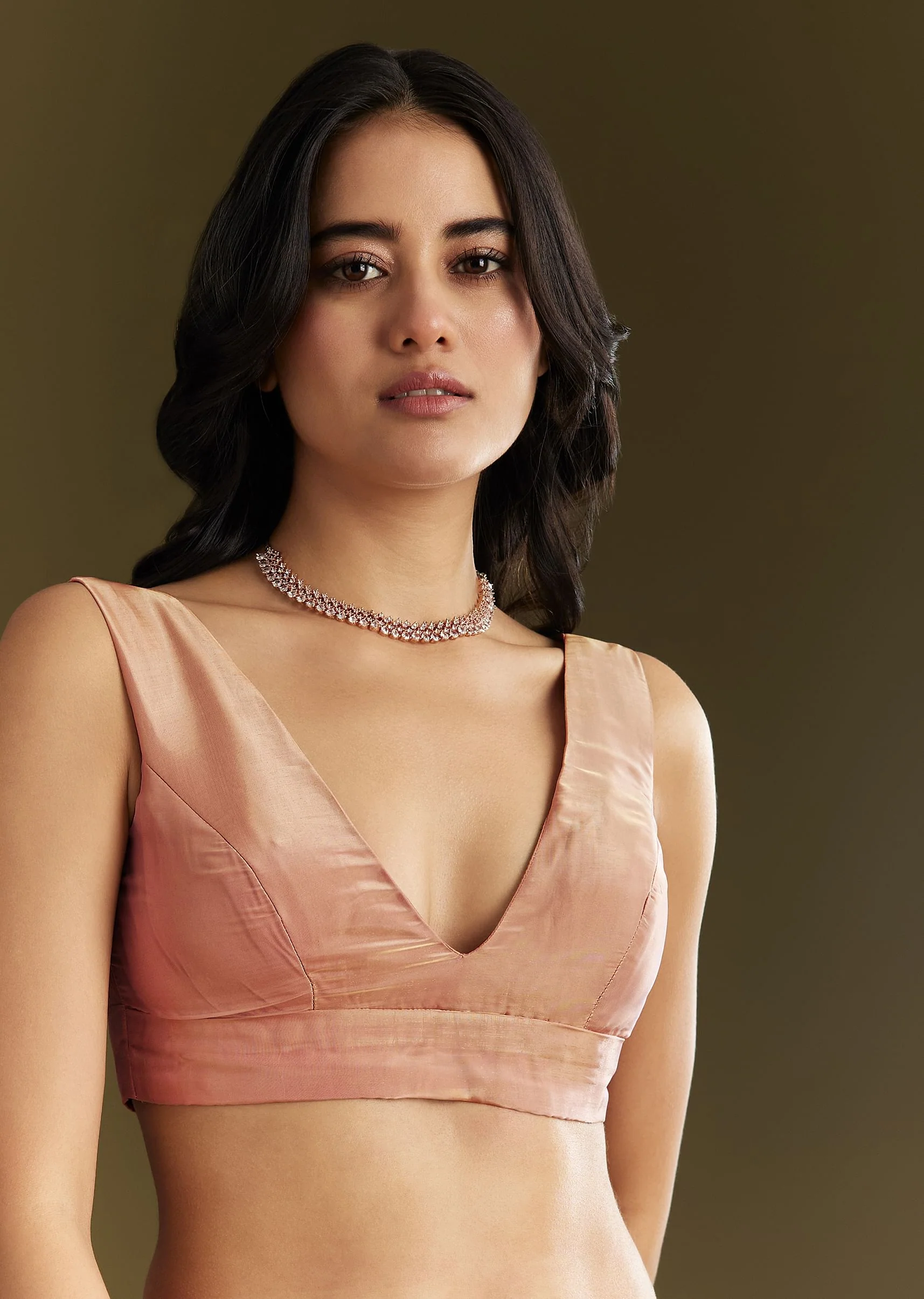 Peach Organza Saree With Stone Embellishment And Scallop Border - Image 7