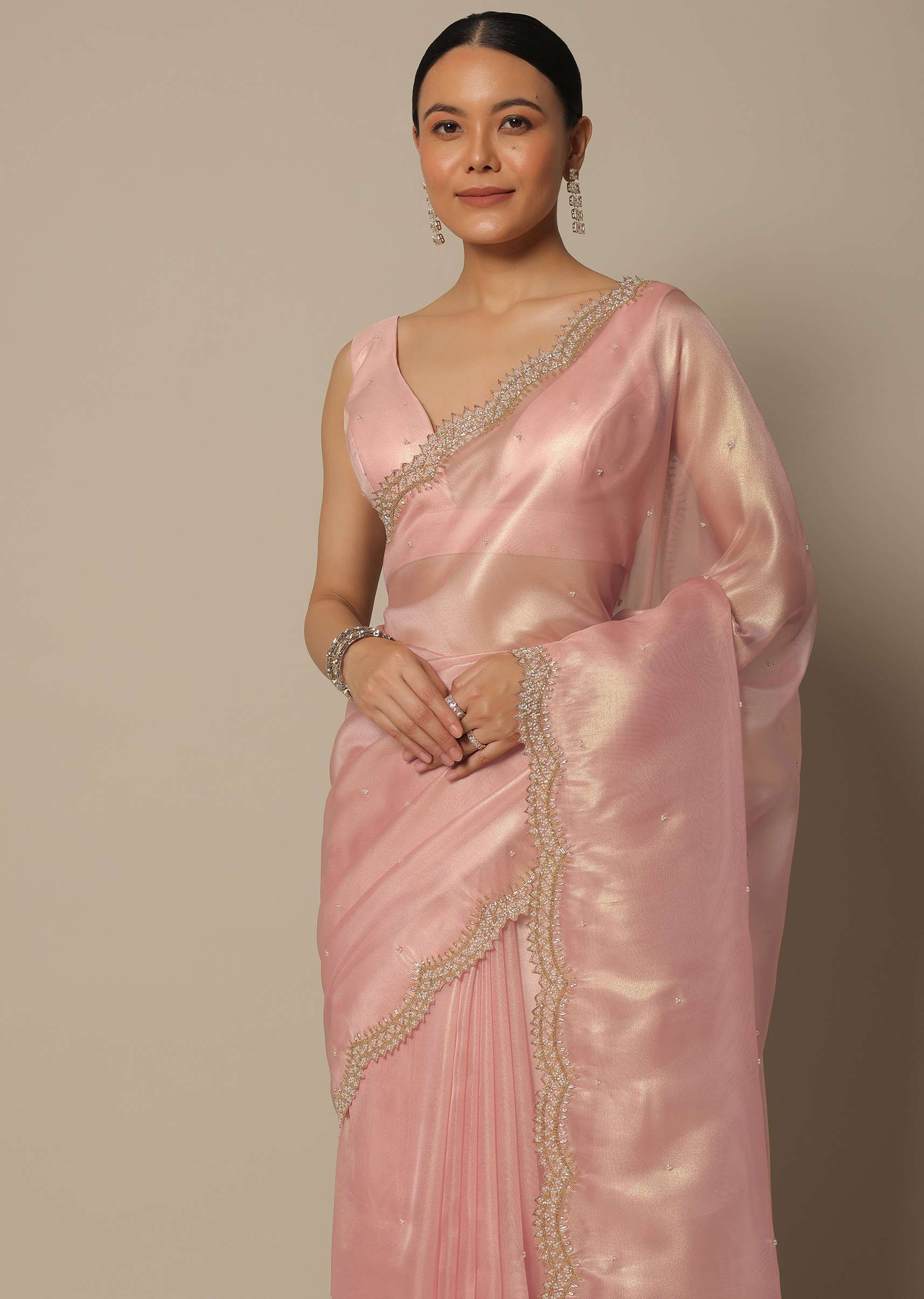 Peach Organza Tissue Saree With Bead Work And Unstitched Blouse Piece - Image 2