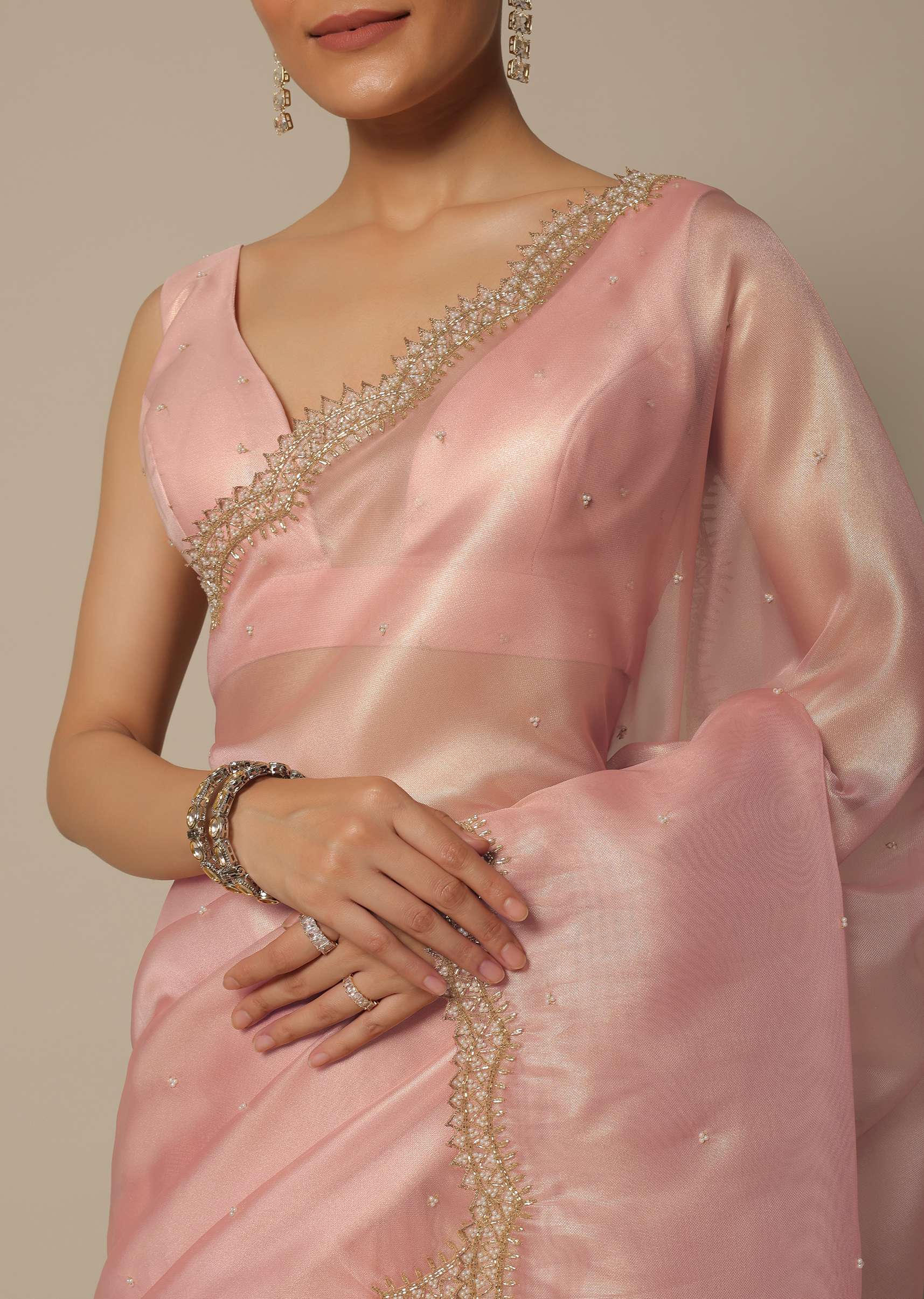 Peach Organza Tissue Saree With Bead Work And Unstitched Blouse Piece - Image 5